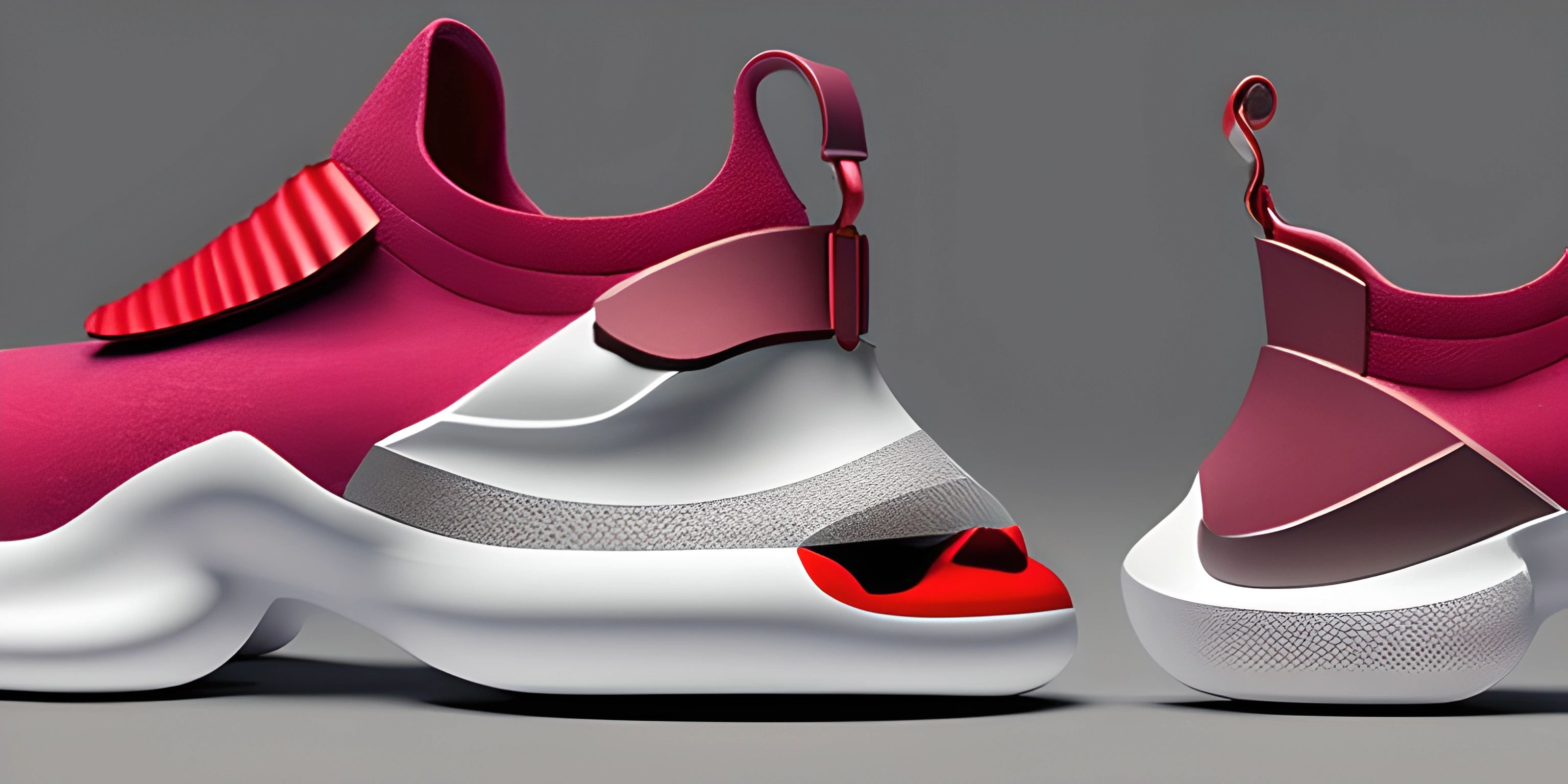 a pair of sneakers on a gray surface with a pink shoe and red shoes inside the shoe