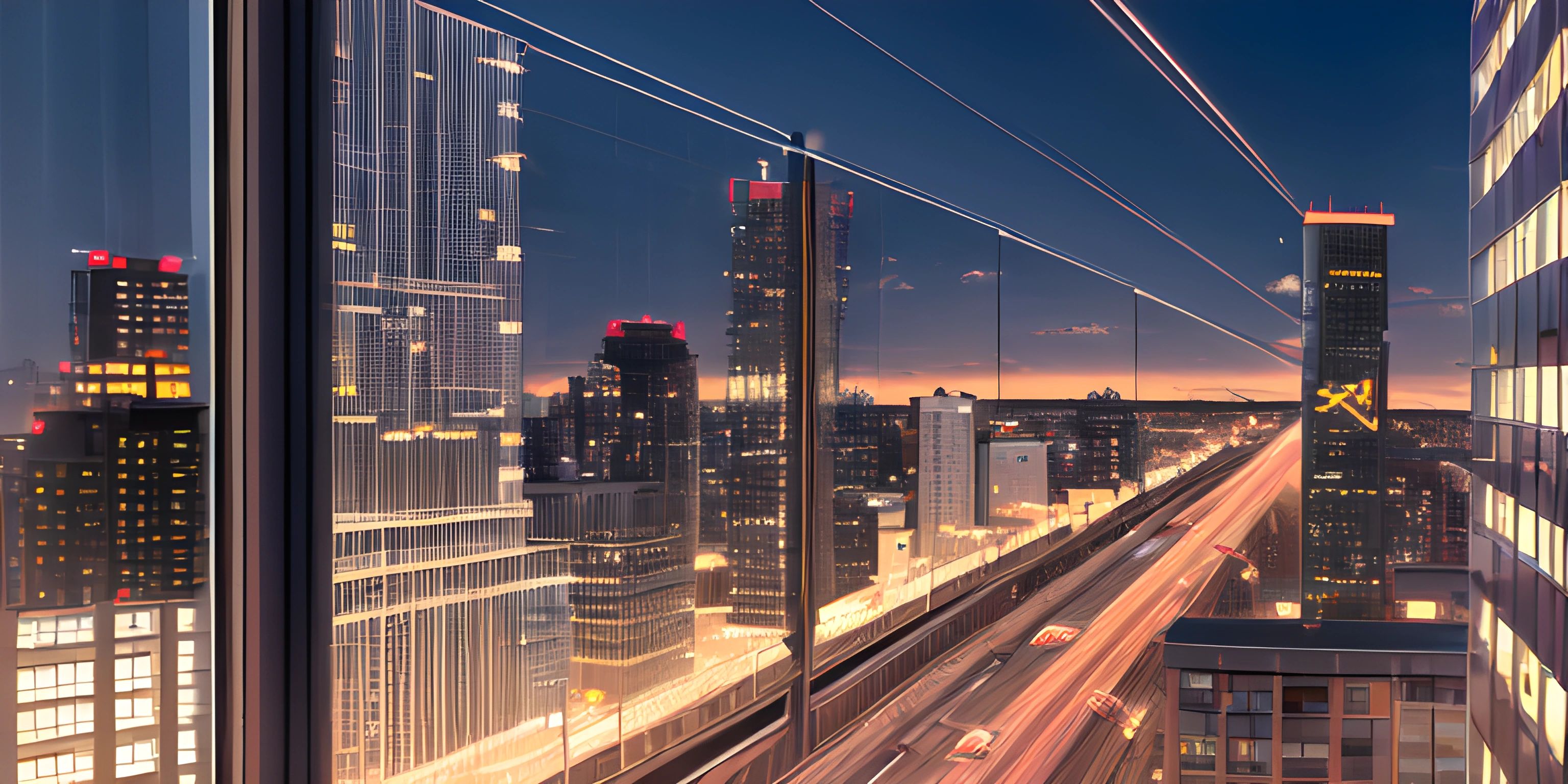 an image of the city from a window at night time with traffic on the tracks