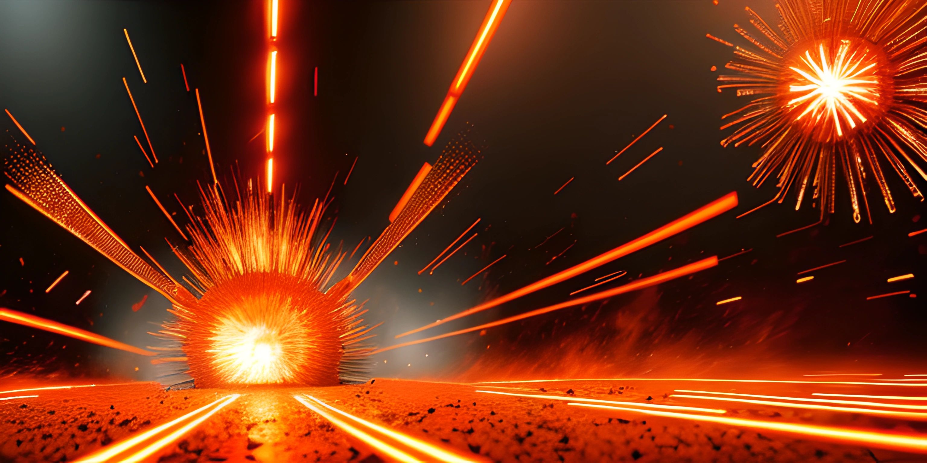 fireworks are lit in front of a train track at night time with long exposures