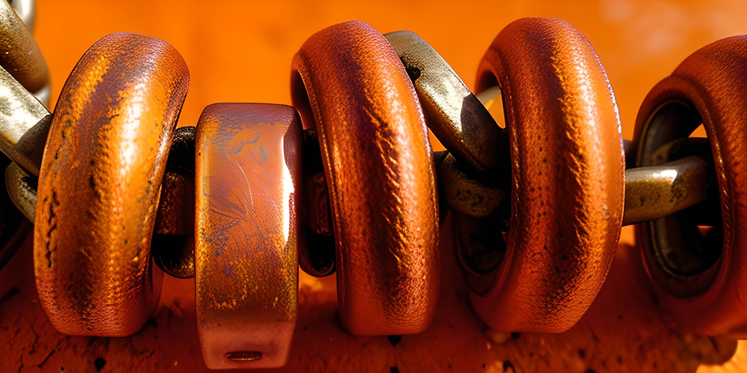 five rings and a few metal rings on a wooden post of a building in front of an orange backdrop