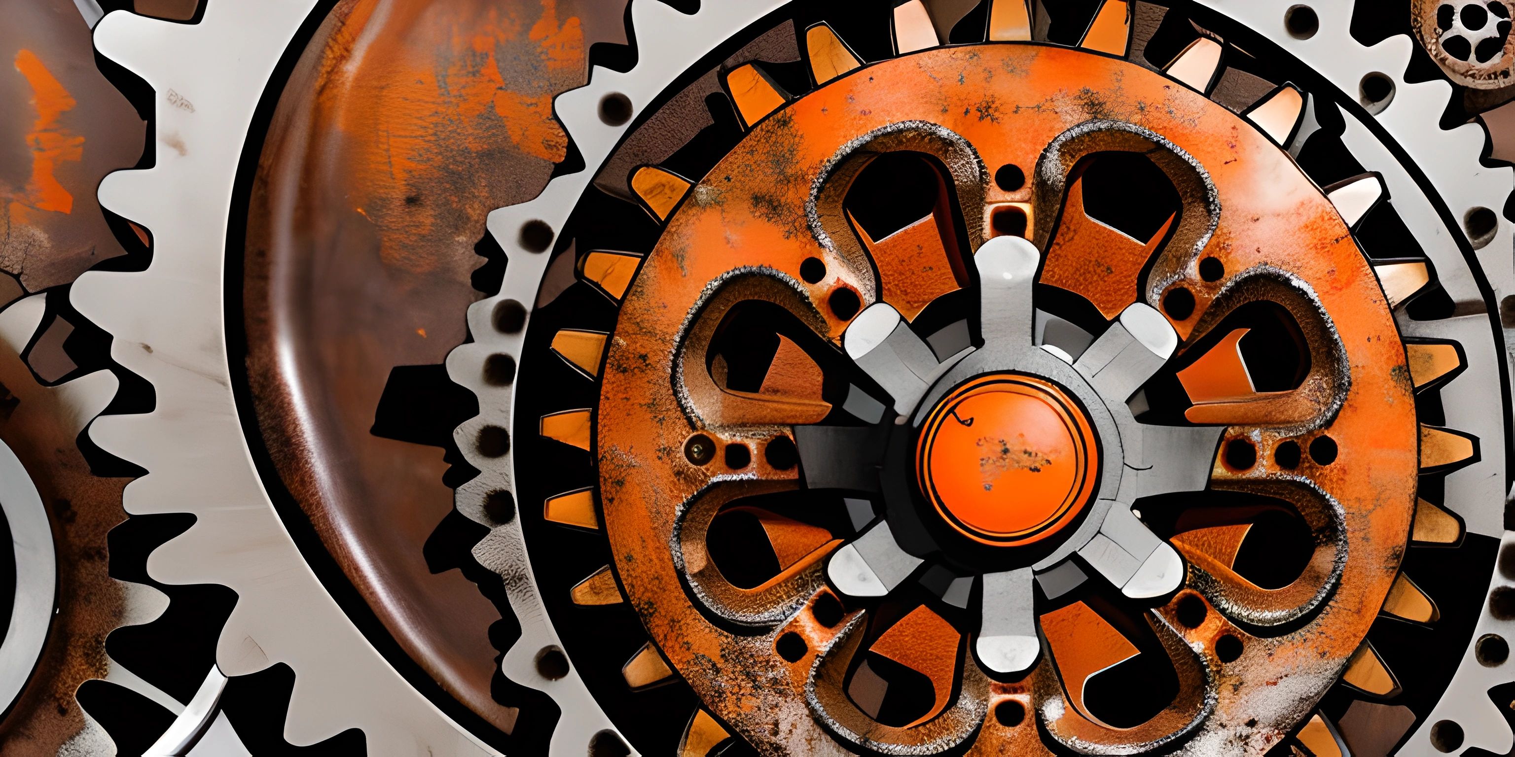 two orange and black clocks with gears in the background a blue clock is in the center of the photo