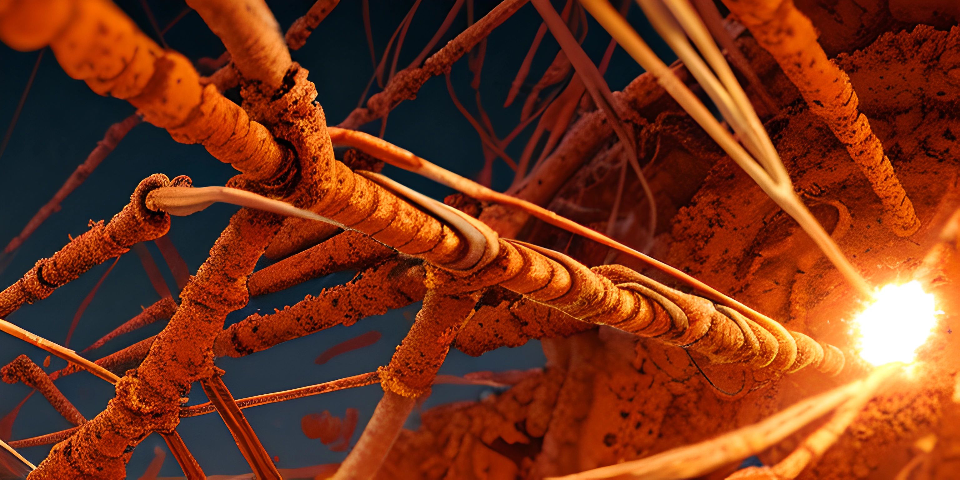 a close up of wires and orange wires with a sky in the background as well as water