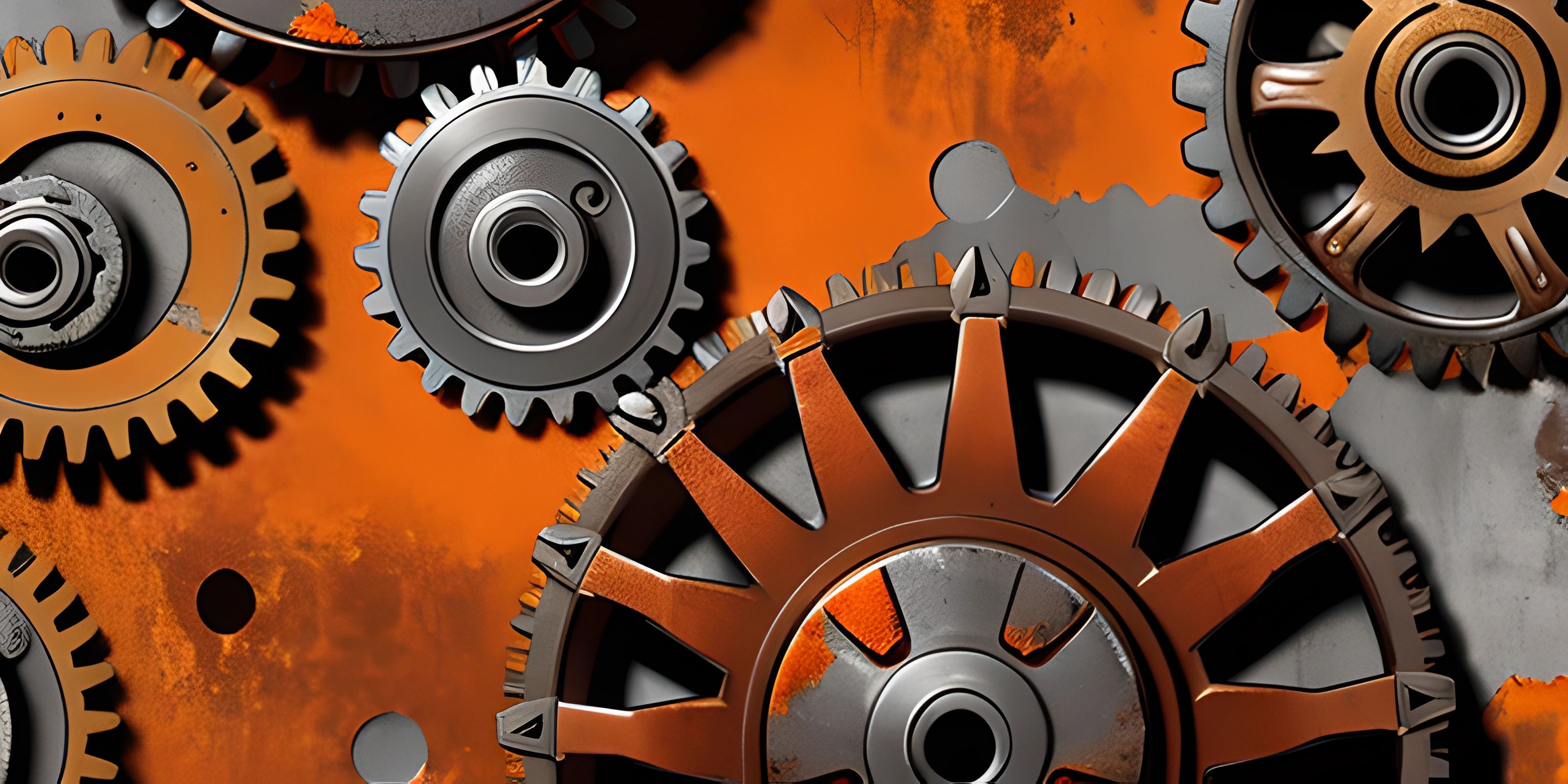 the gears are all metal together in a room with orange paint on the walls and orange floor