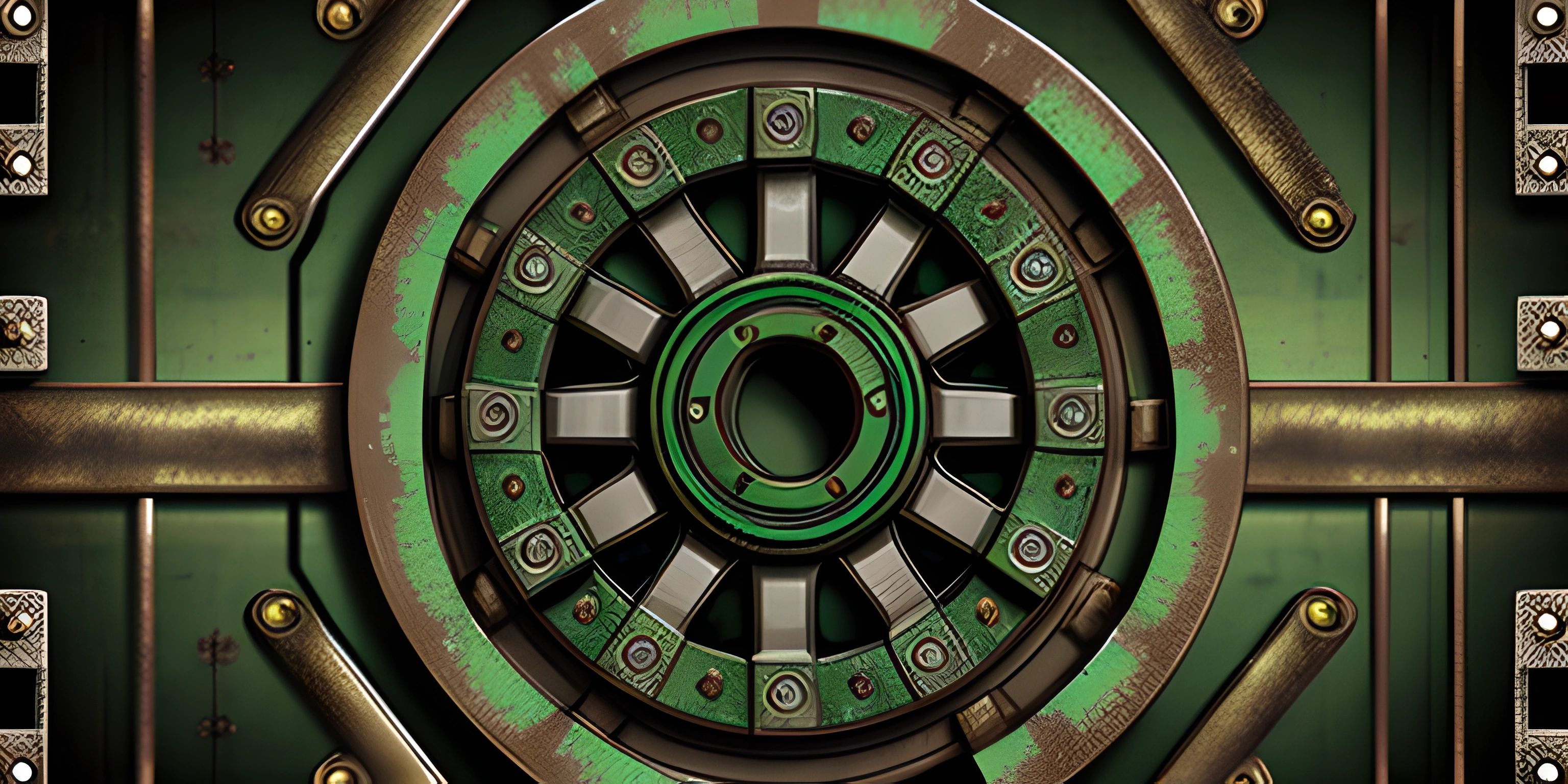 a computer monitor showing an eye and circle design on a green screen background of a bank vault