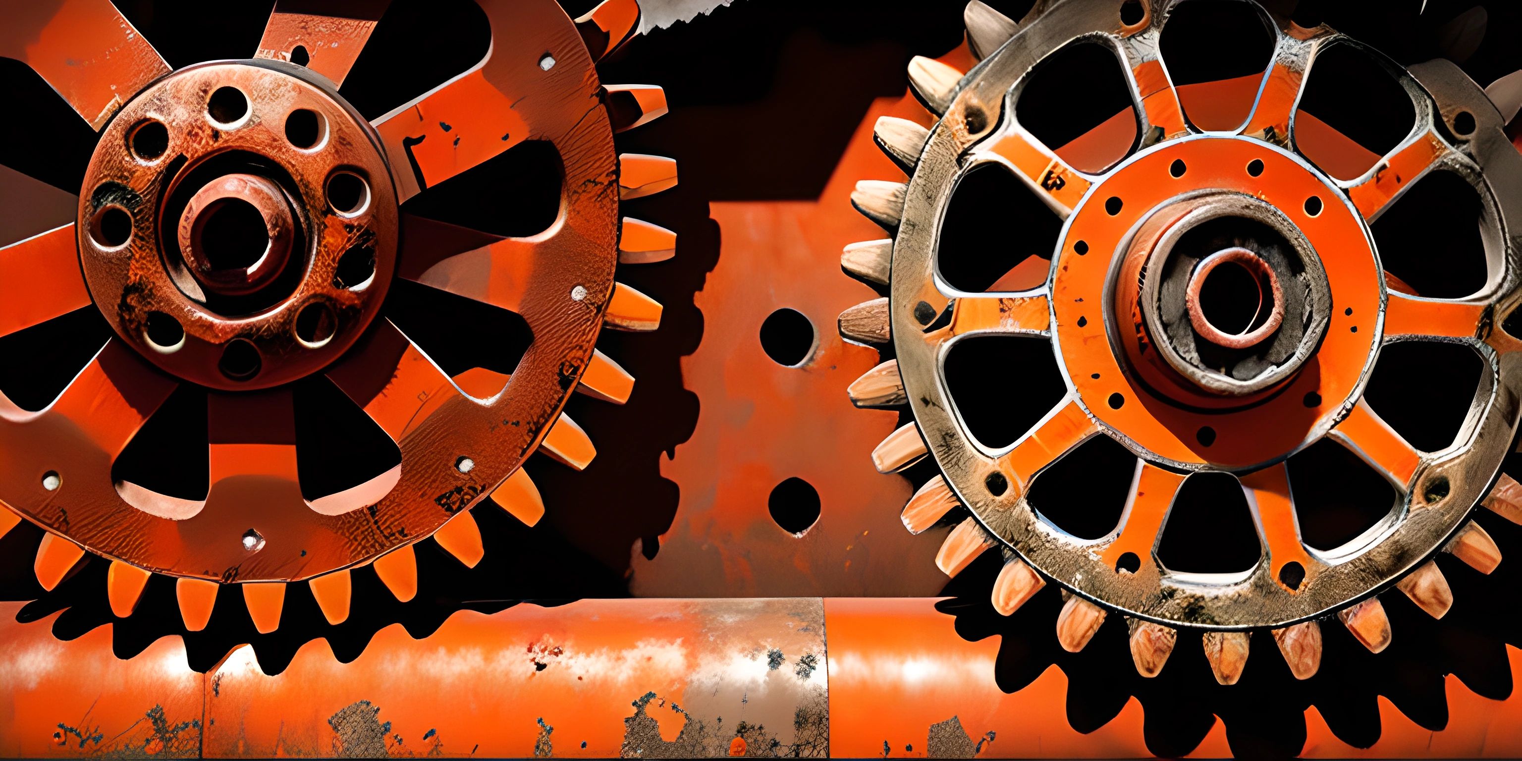 two old rusty gears sitting next to each other in front of a wall of rust