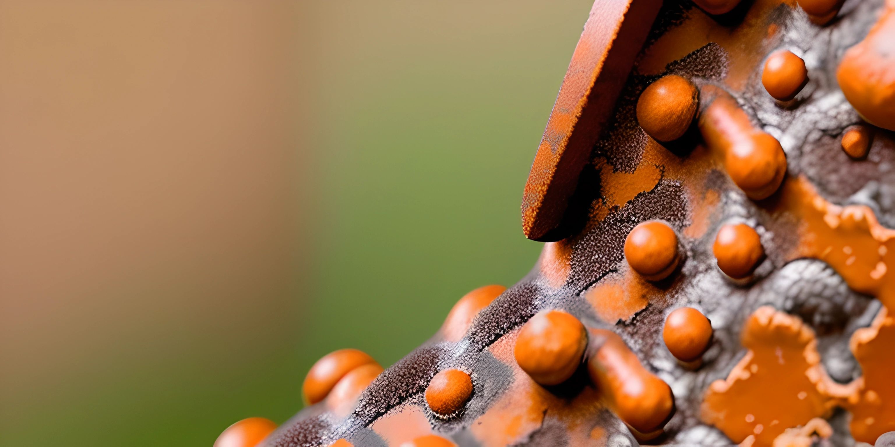 close up of rust on a steel structure outside the window and tree branches in the background