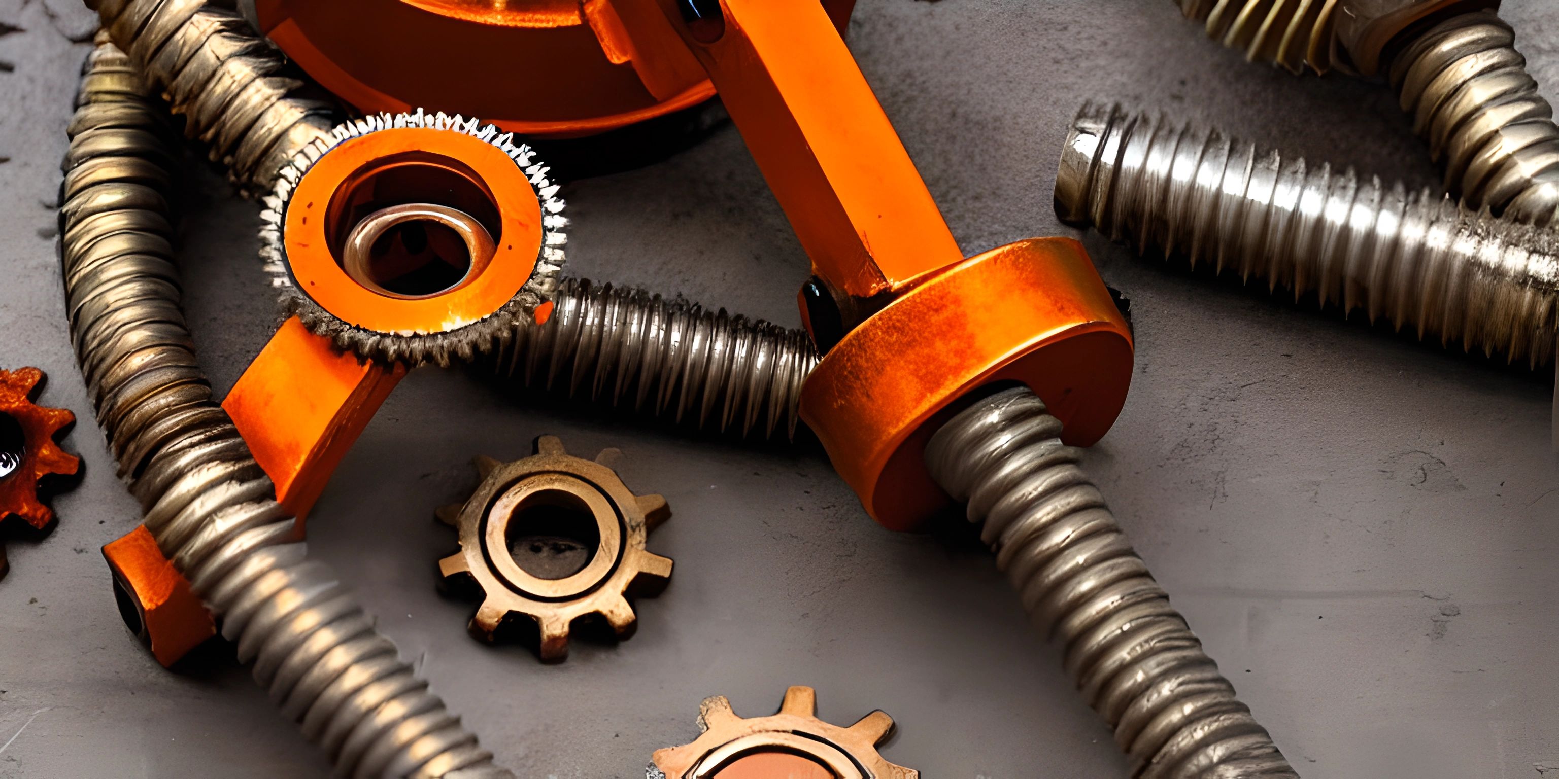 several orange and silver gears sitting on top of a table top down next to a wrench