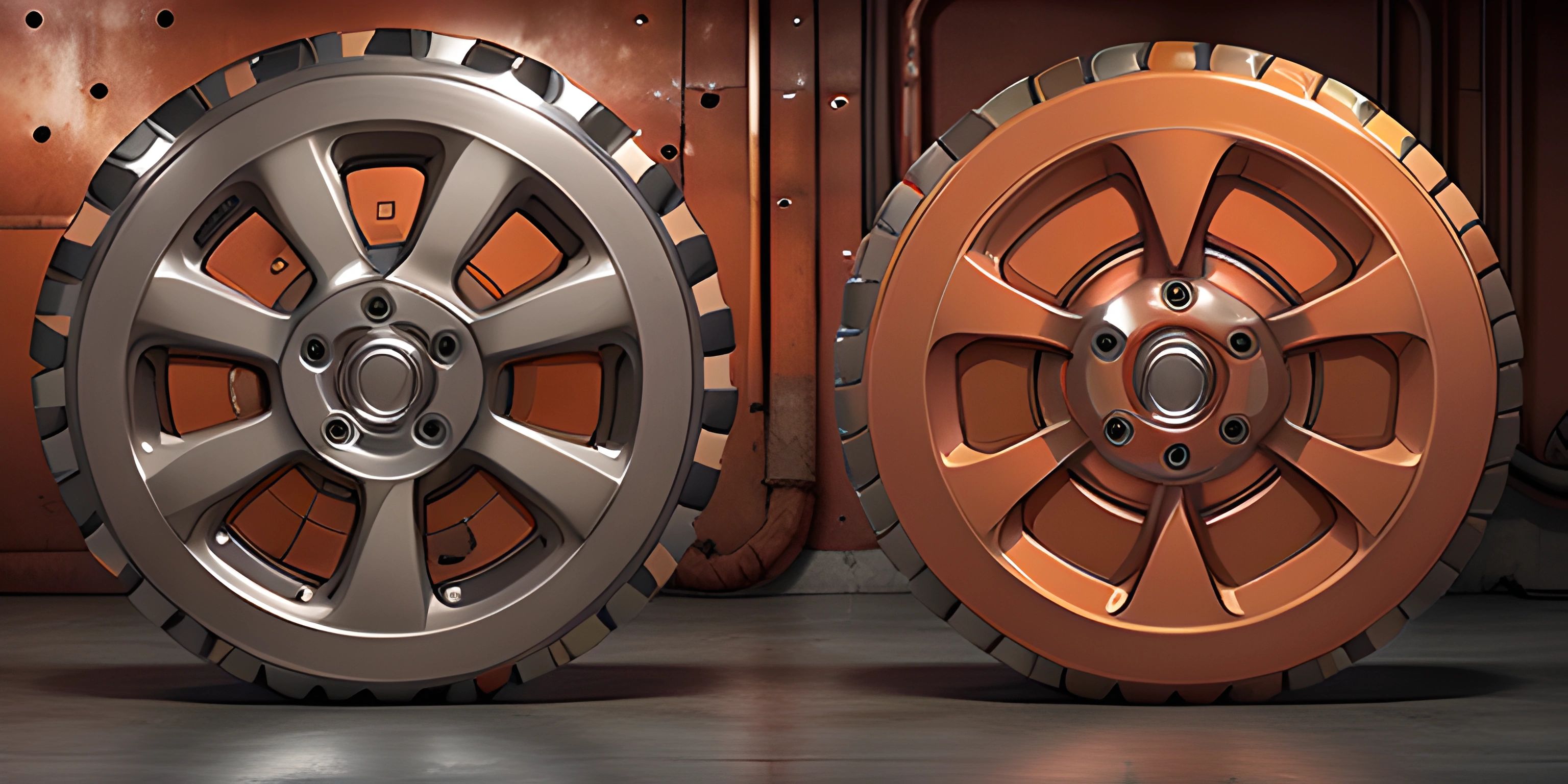 two orange rims sit side by side in a dimly lit room of red wall