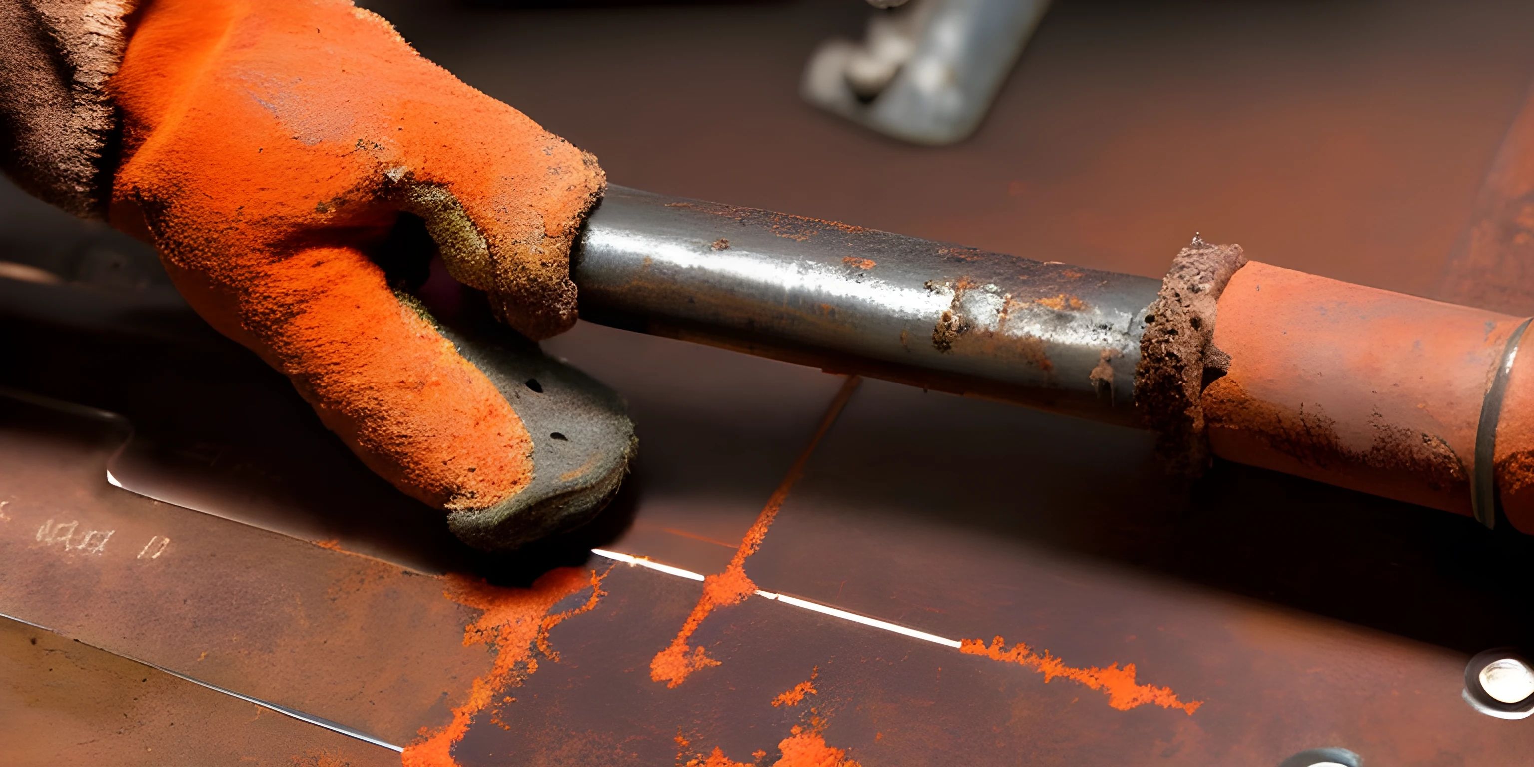 a person in orange gloves and rubber glove working on a piece of metal material, with wrens