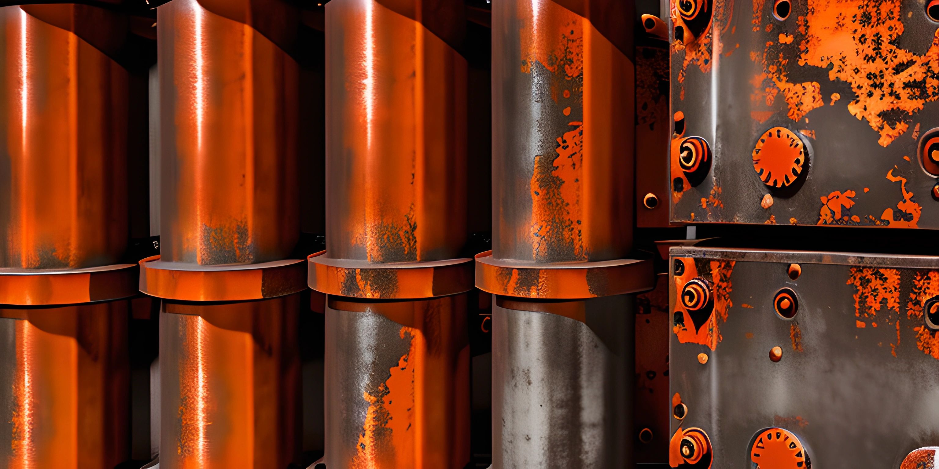 several steel pipes are stacked in a row and painted in orange paint on them,