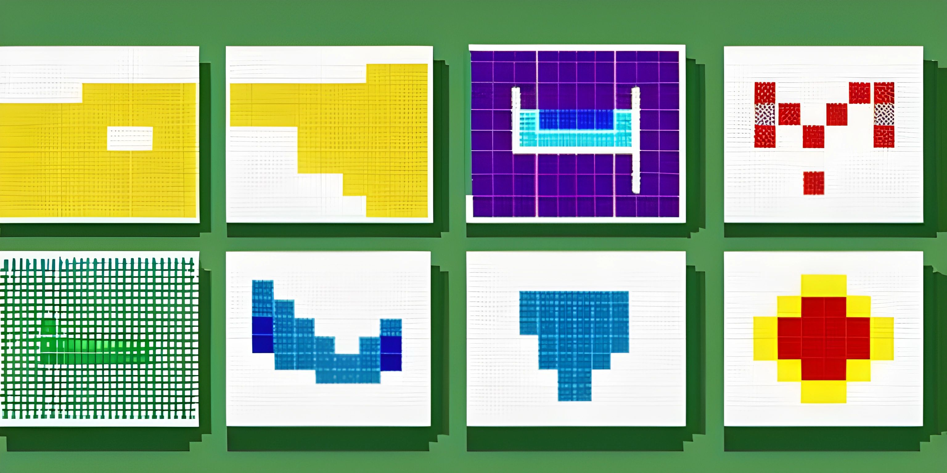 8 squares with various colored squares arranged in rows of them on a green background and an image of a crossword symbol