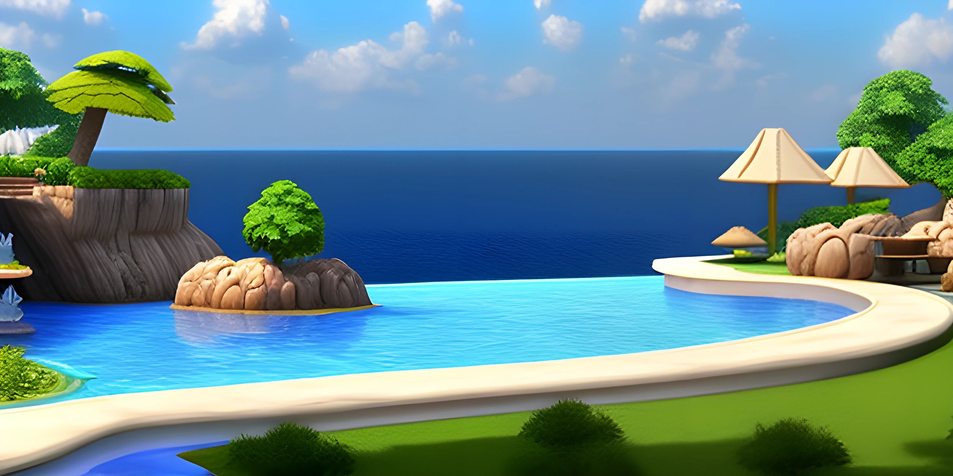 a cartoon picture of a pool in a 3d game environment that contains an umbrella and gazebo