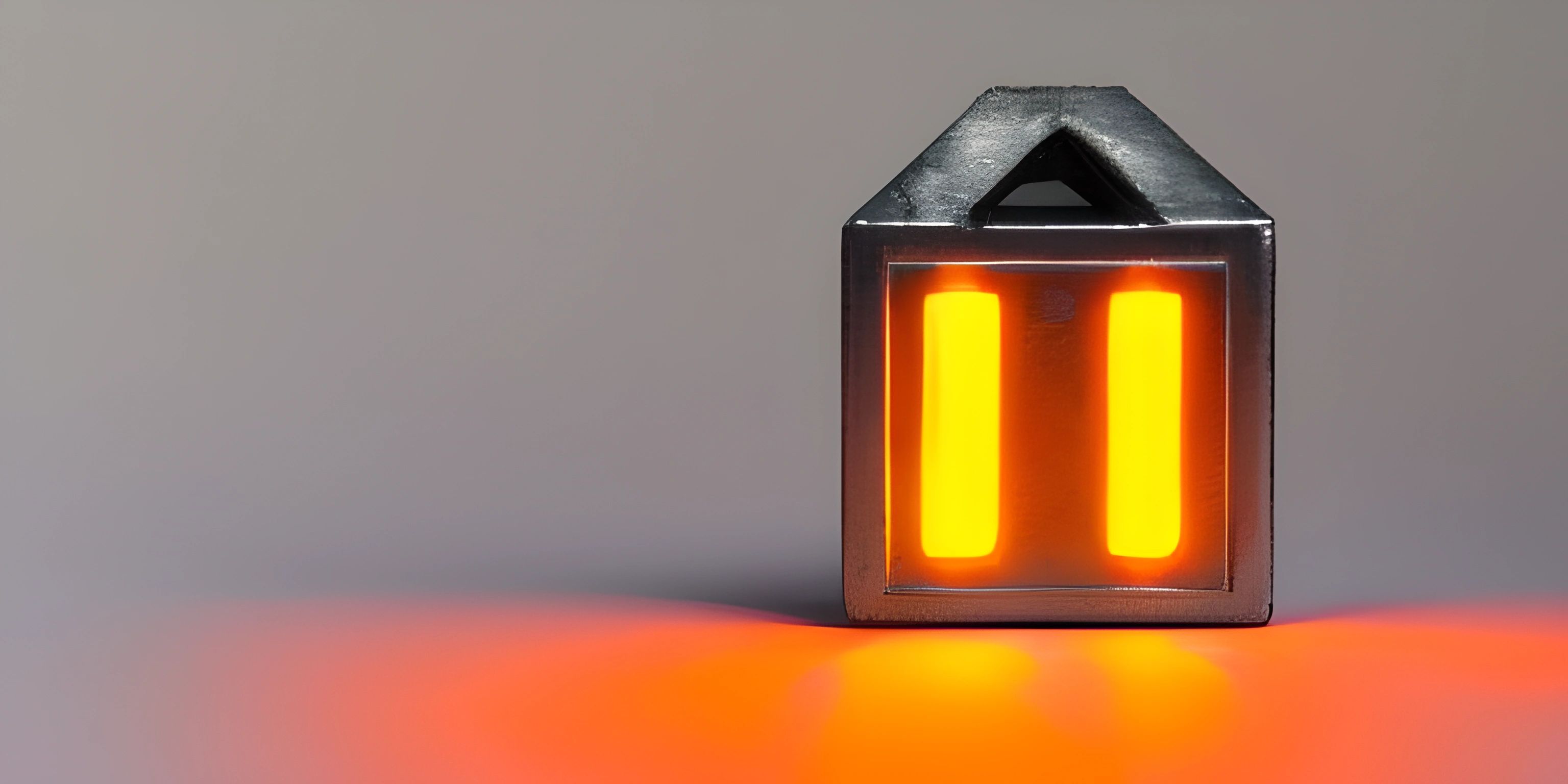 a orange light with a small building on the side on a grey background with an arrow