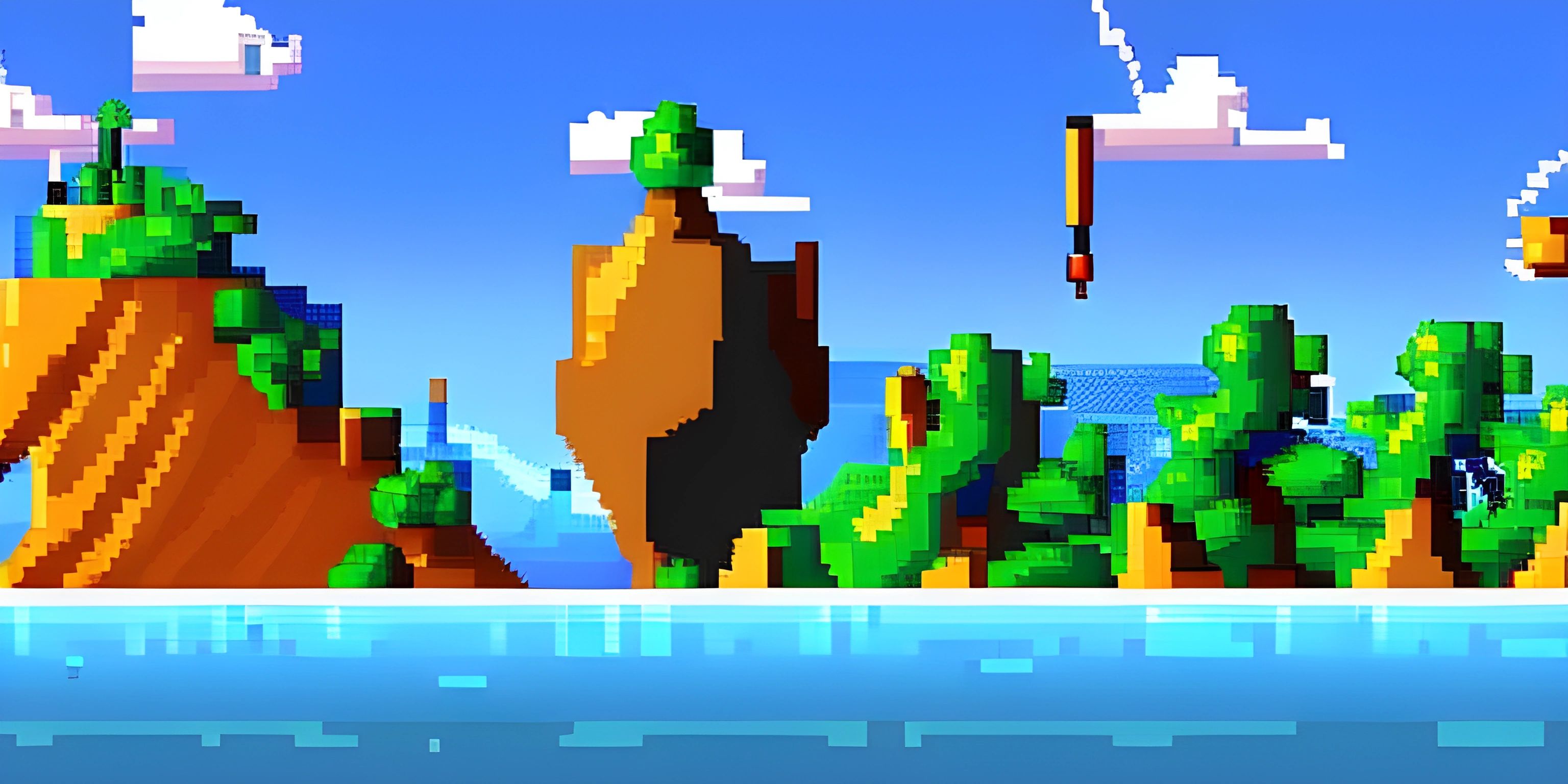 pixel pixel art style scene with sea, rocks, and mountains on blue background with sky