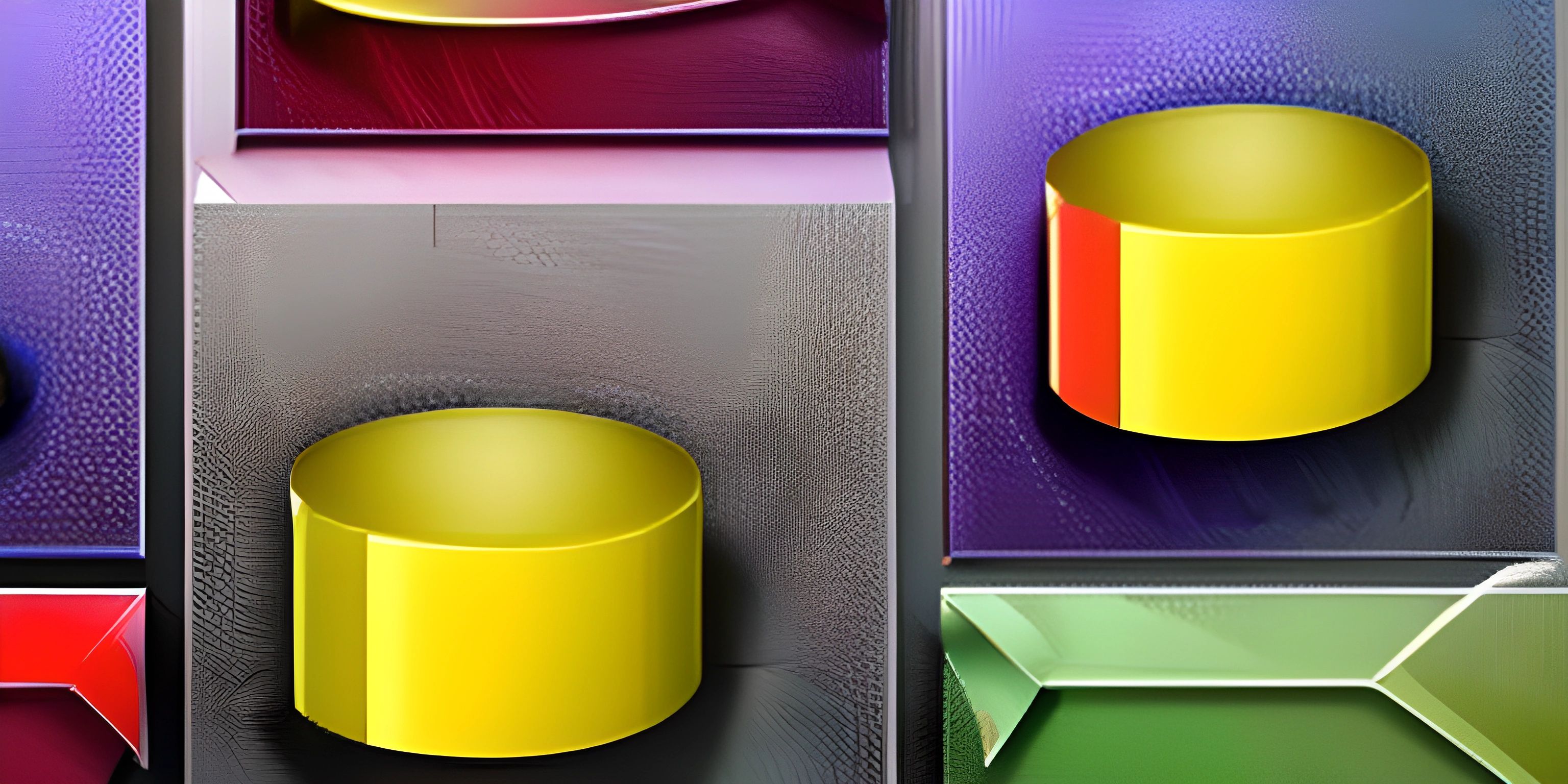 a set of four different colored boxes with a square bottom one has two red, yellow, purple and green boxes