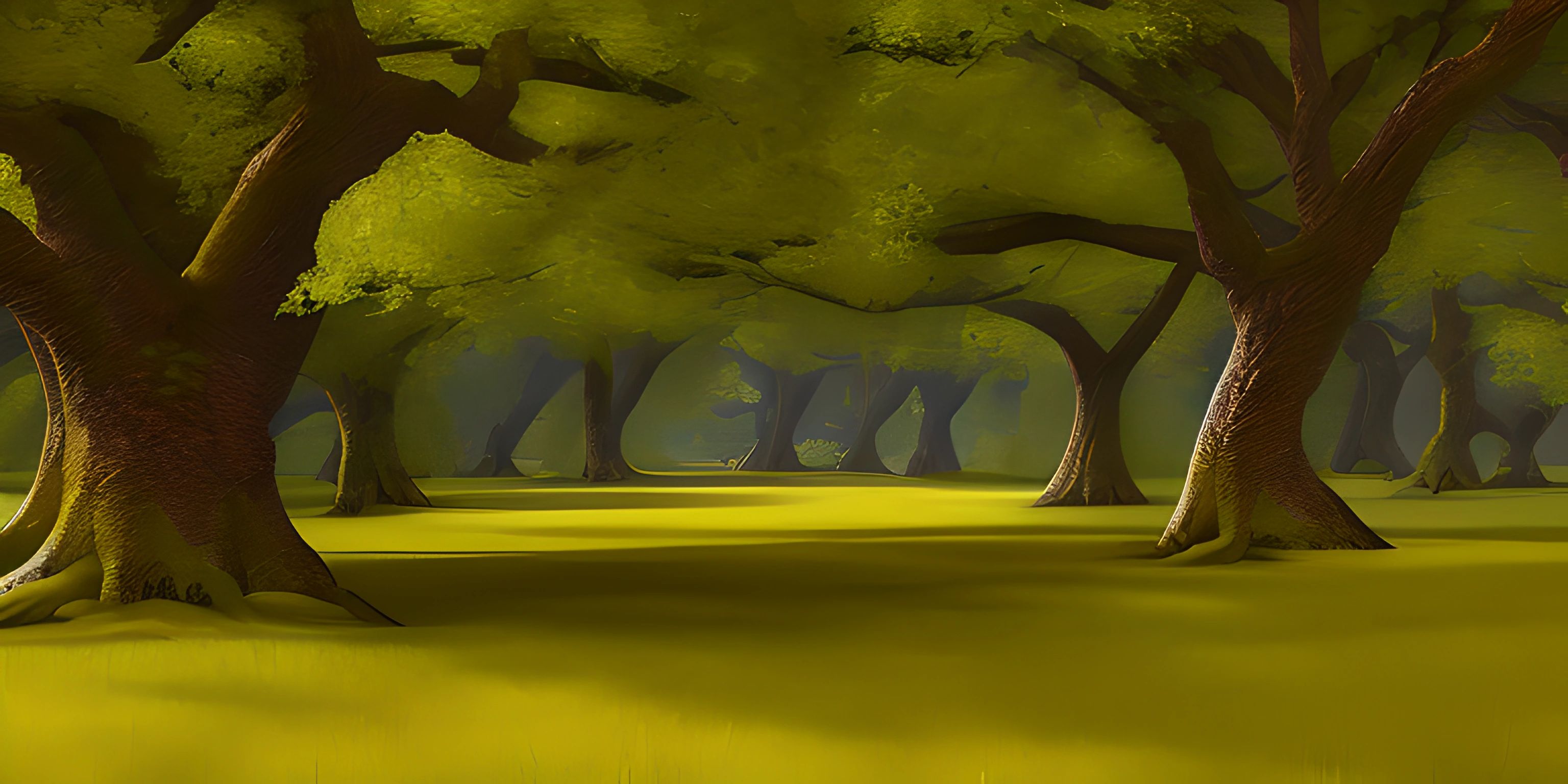 an animated cartoon tree is near by a park bench and bench on the grass covered ground