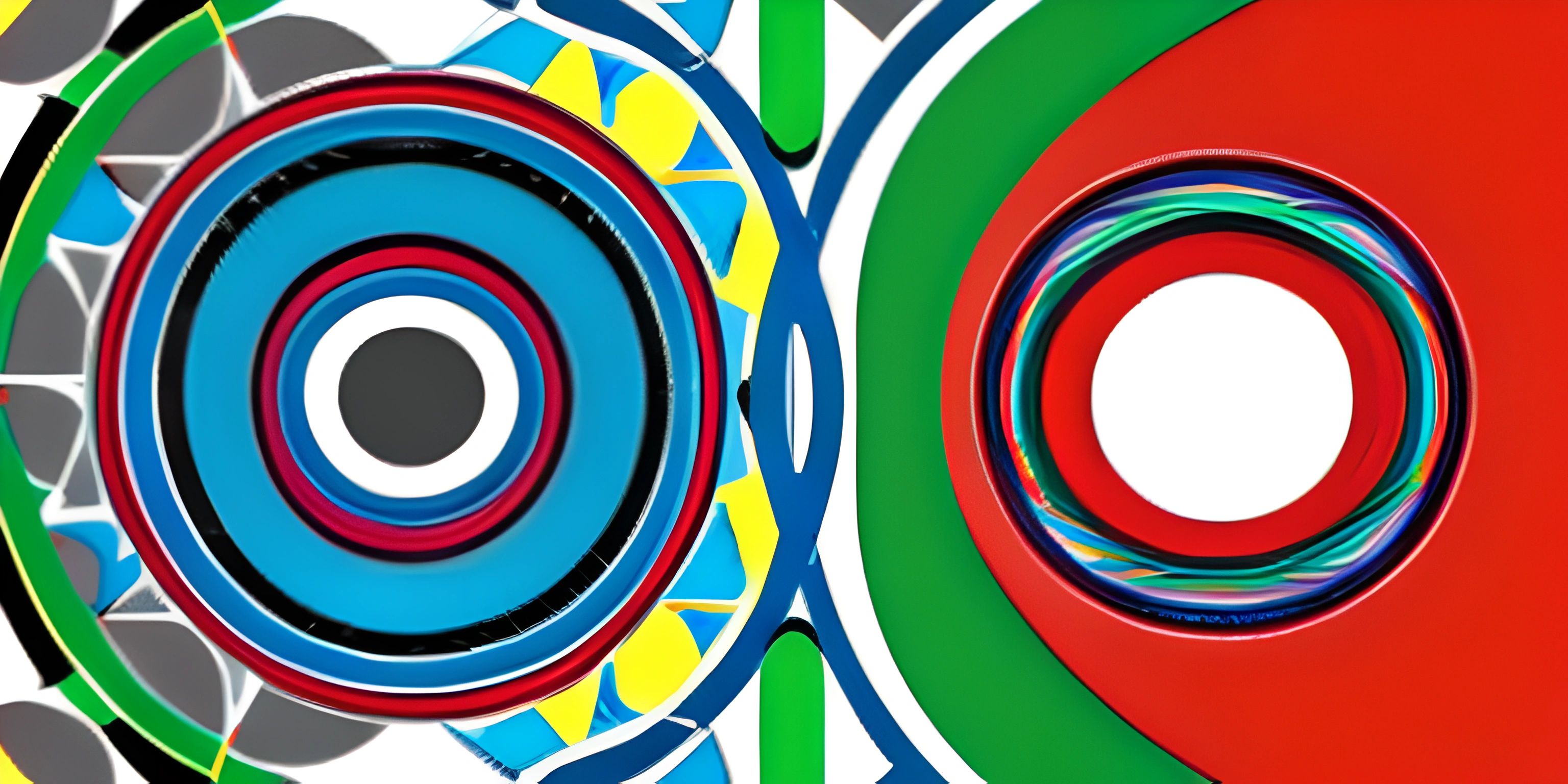 an abstract painting with multiple circles in it as the background and a red circle with a blue dot in it