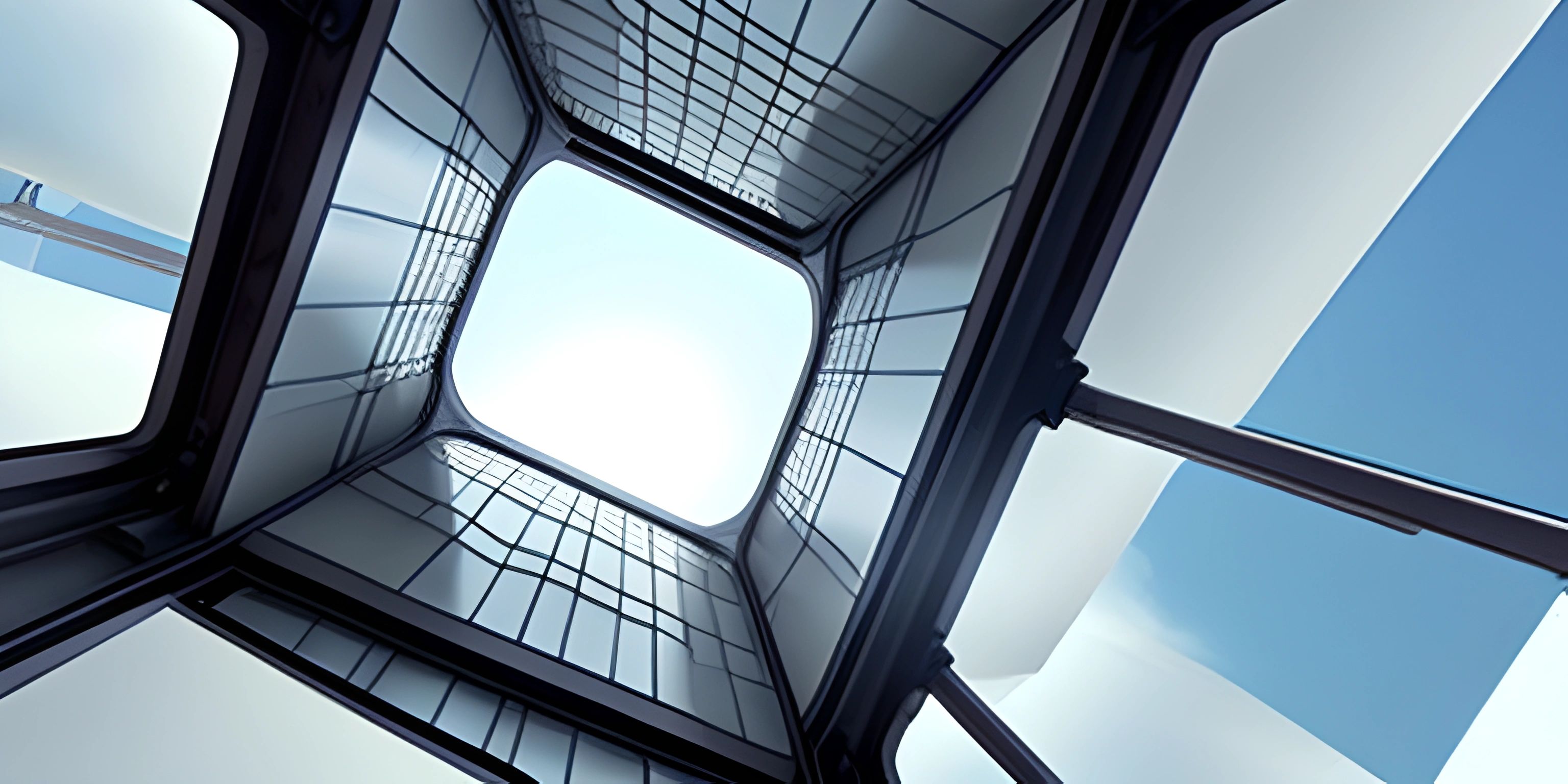 a blue and white room with a skylight in the center of it's walls