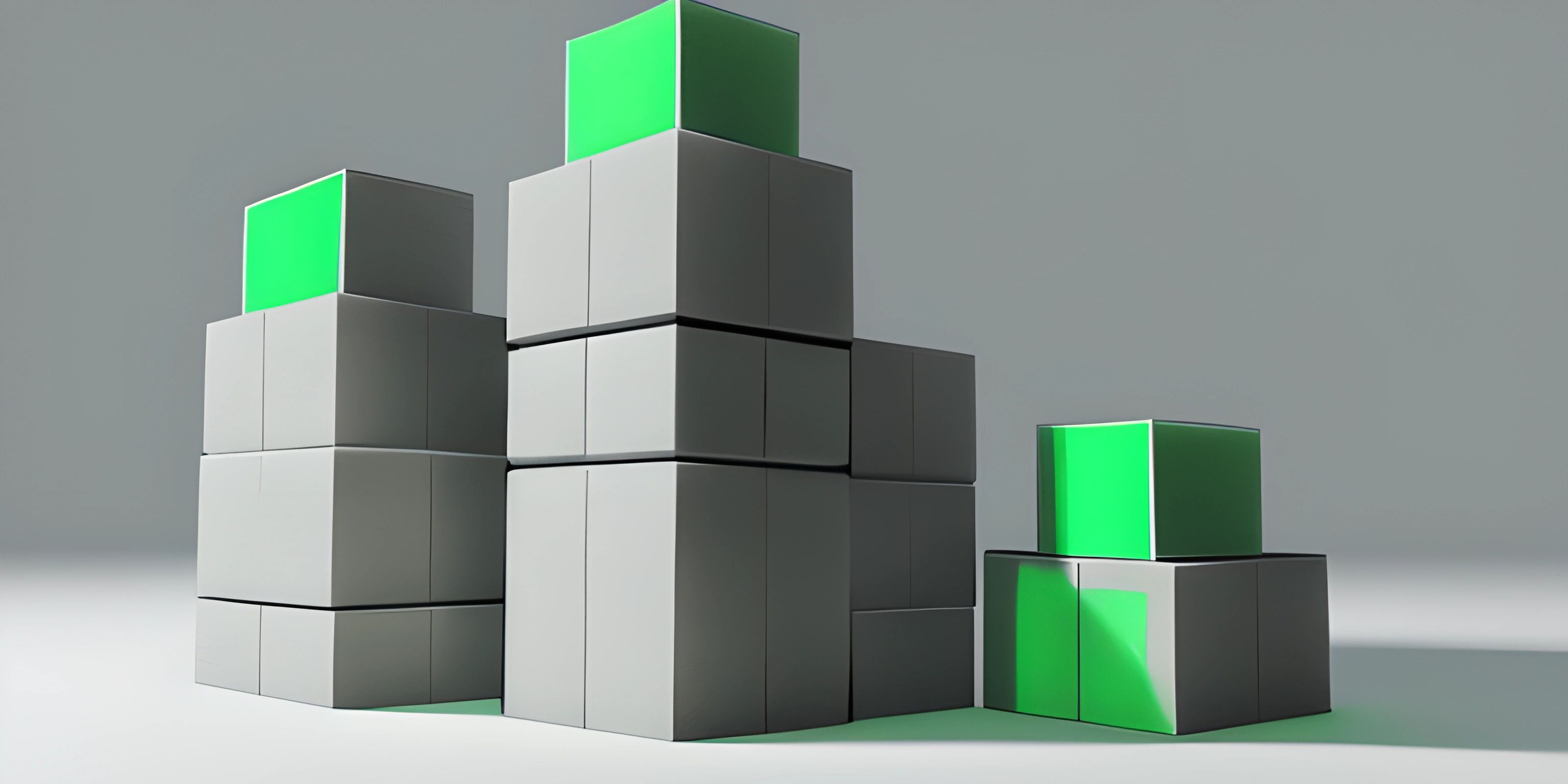 three gray and green cubes stacked up against a white backdrop with a bright strip