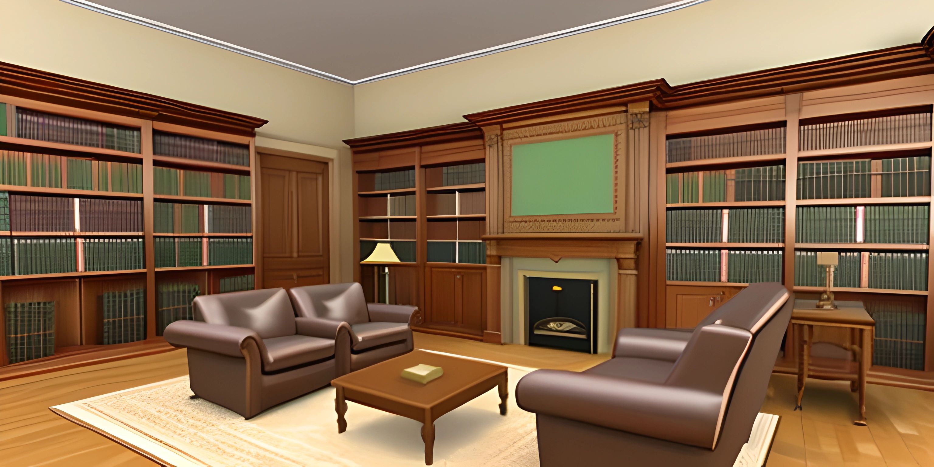 the office has books on two shelves and a fireplace and chairs with wood furniture around it