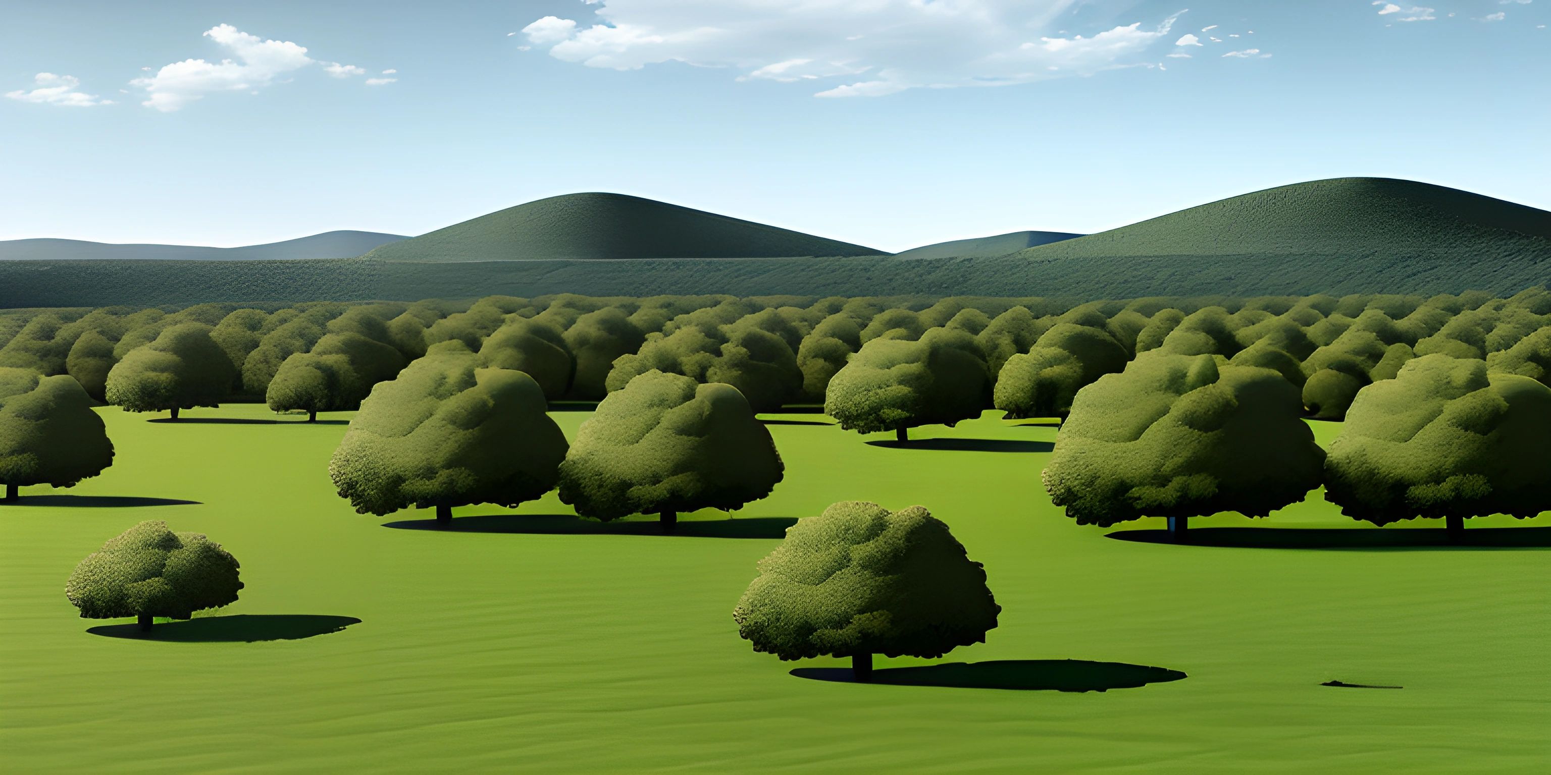 3d rendering of the green field with small trees in it and mountains in the background