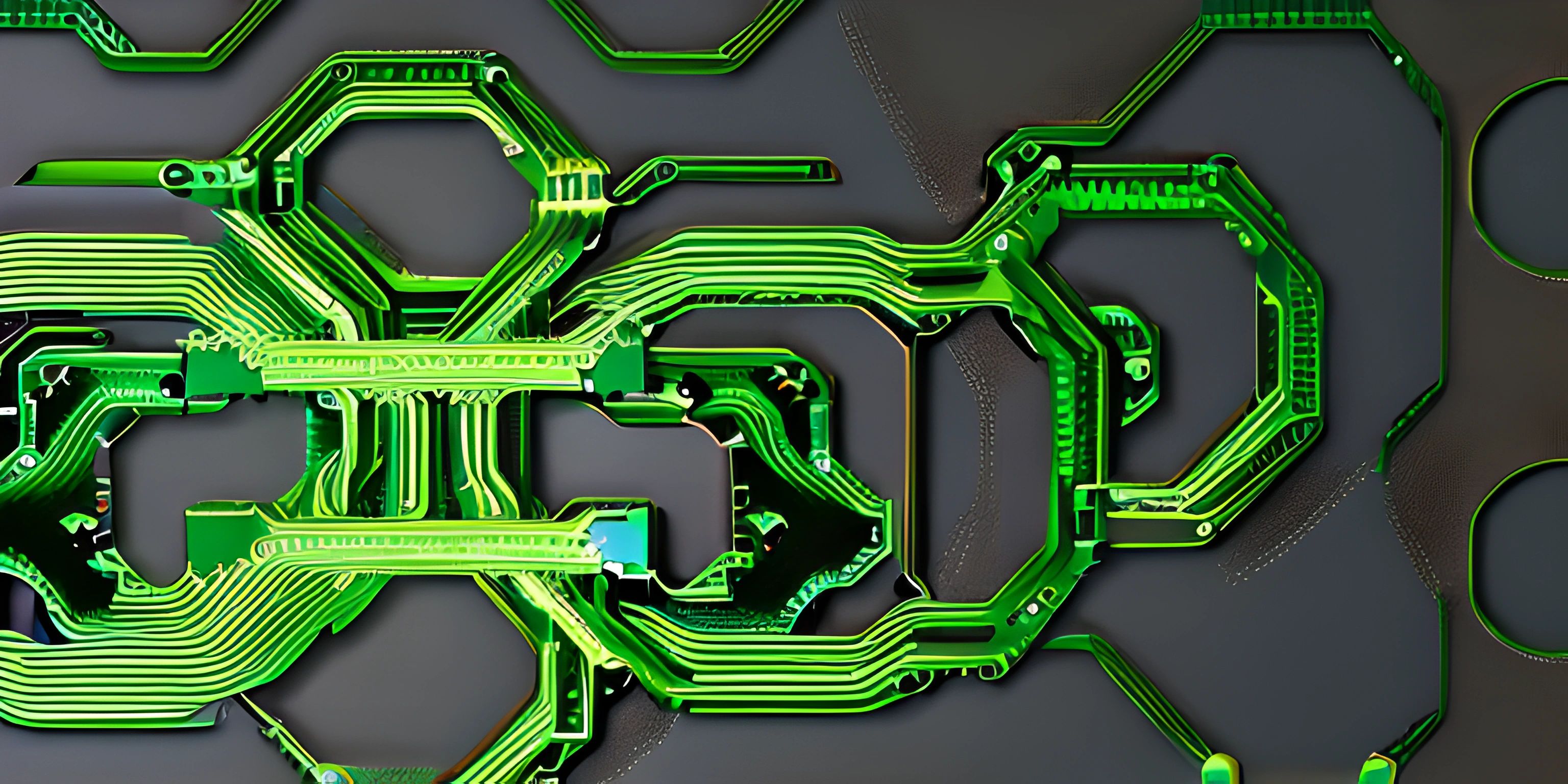 the circuit board is made up of hexagons and circles as well as arrows