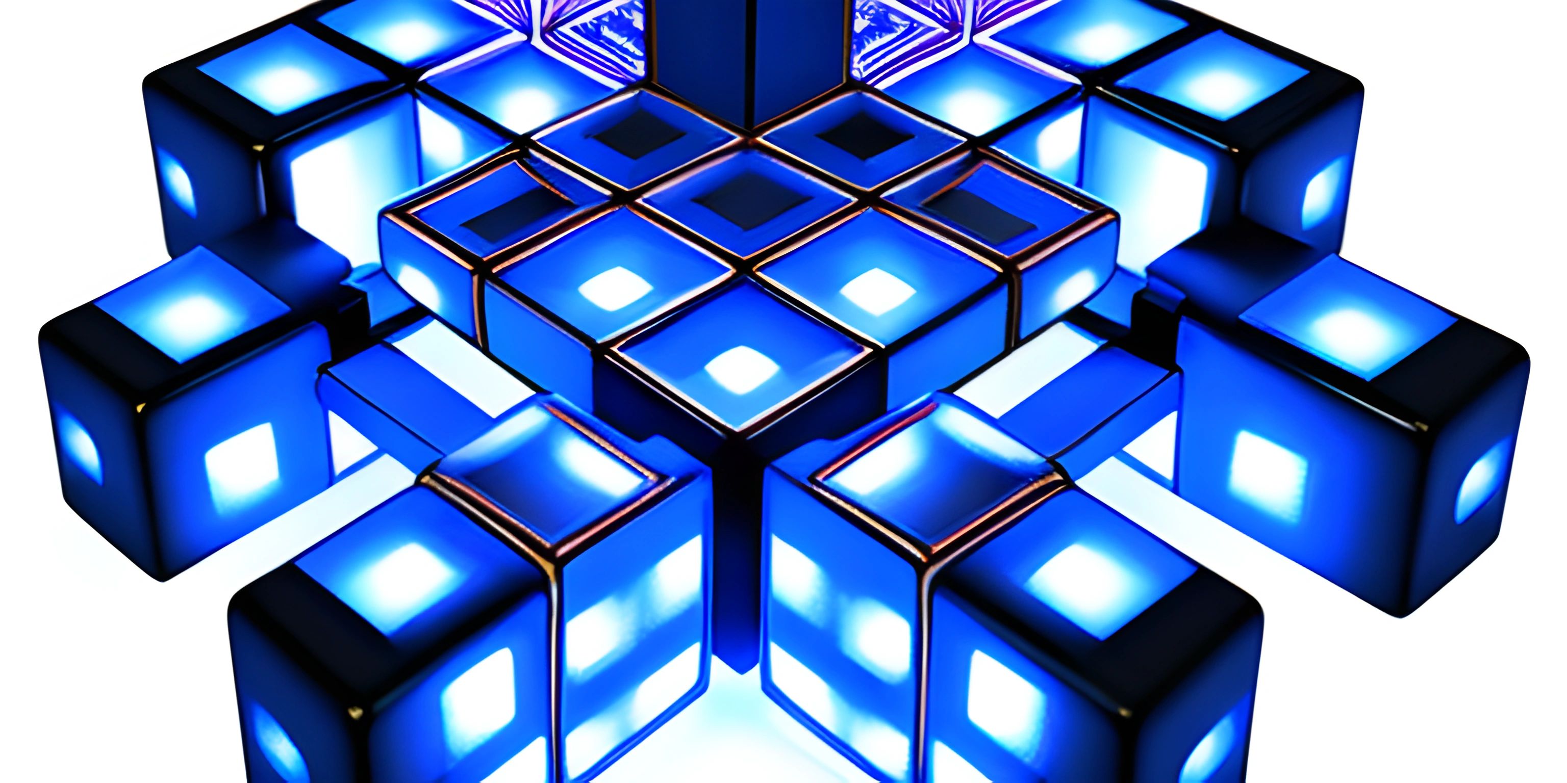 a bright, blue digital light design shows an image of a blue and purple block design that resembles a maze of blocks