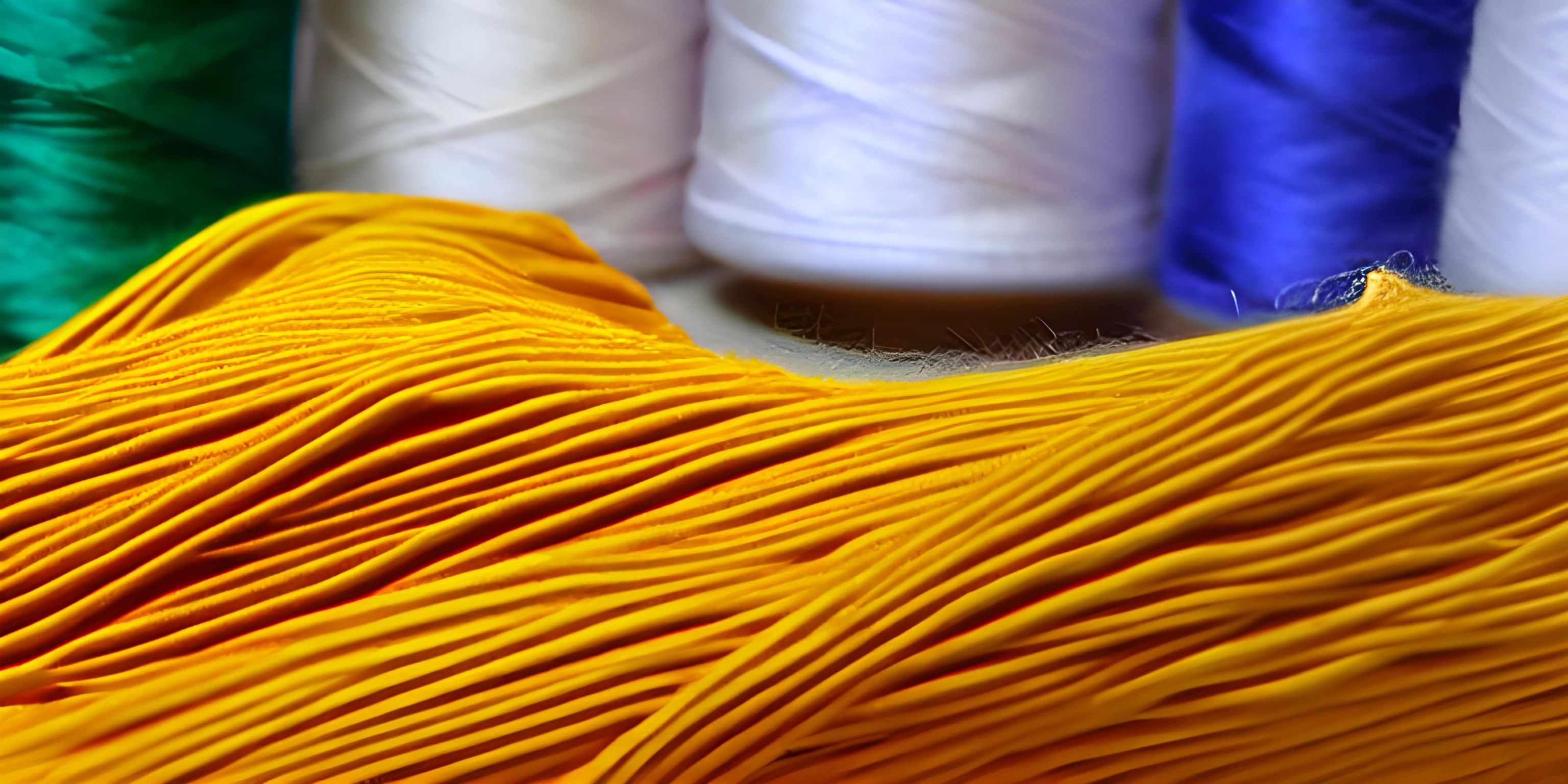 colorful spools of yarn sit next to each other on a table with two green and one yellow spools