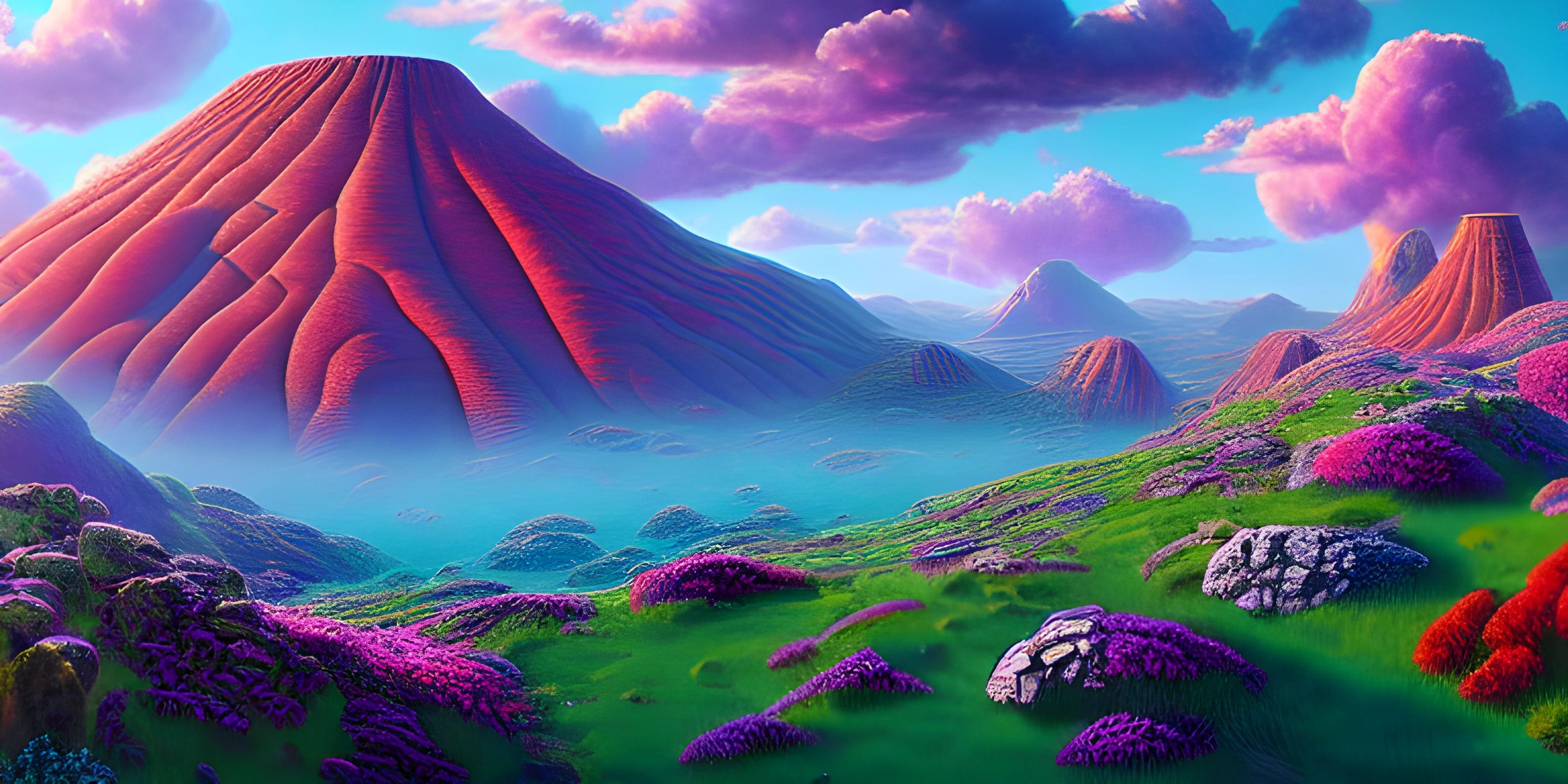 a colorful illustration with mountains and blue skies in the background and pink flowers growing on the hills