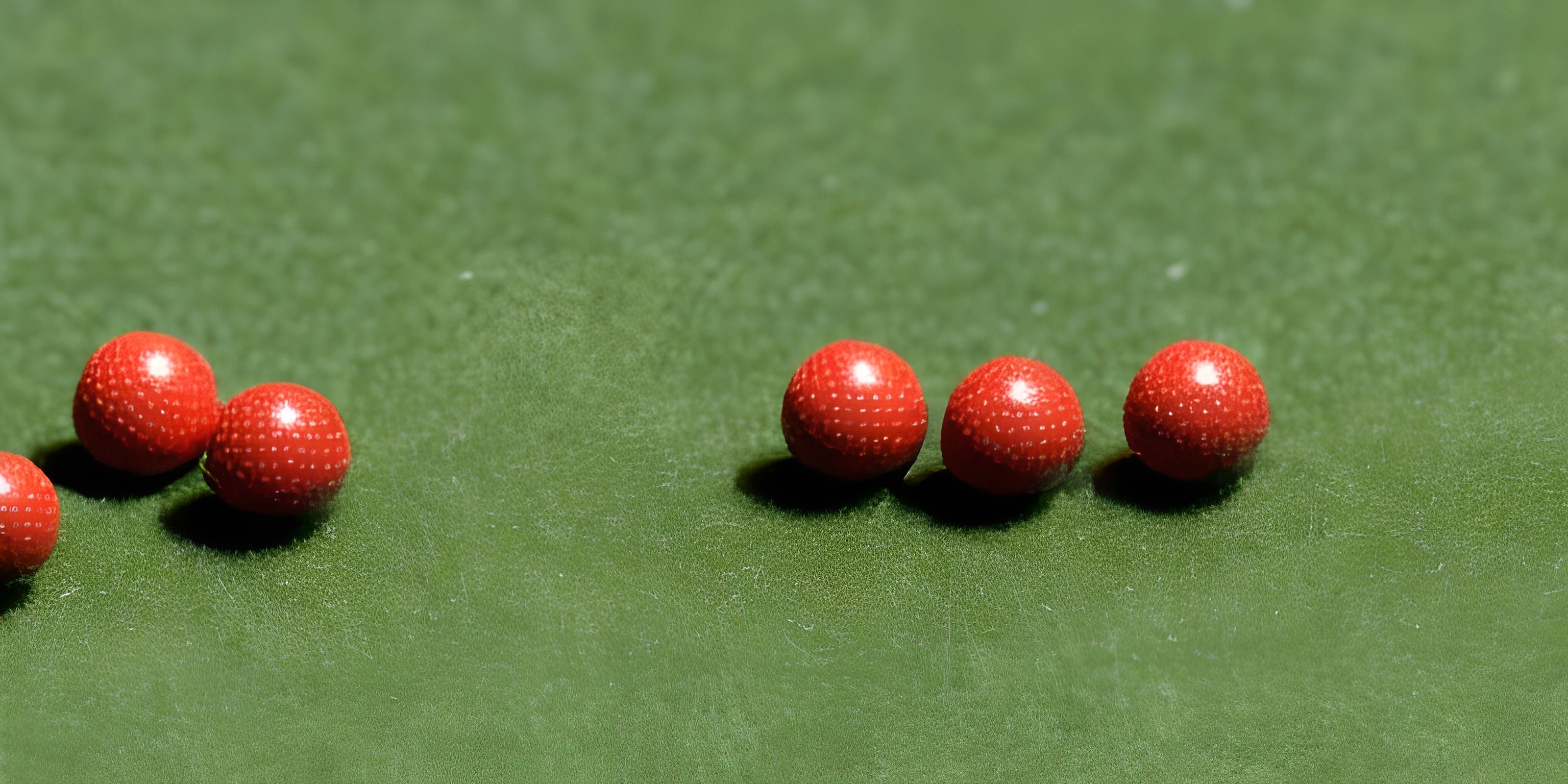 red balls are in the middle of a row on a green tablecloth with one red ball between them