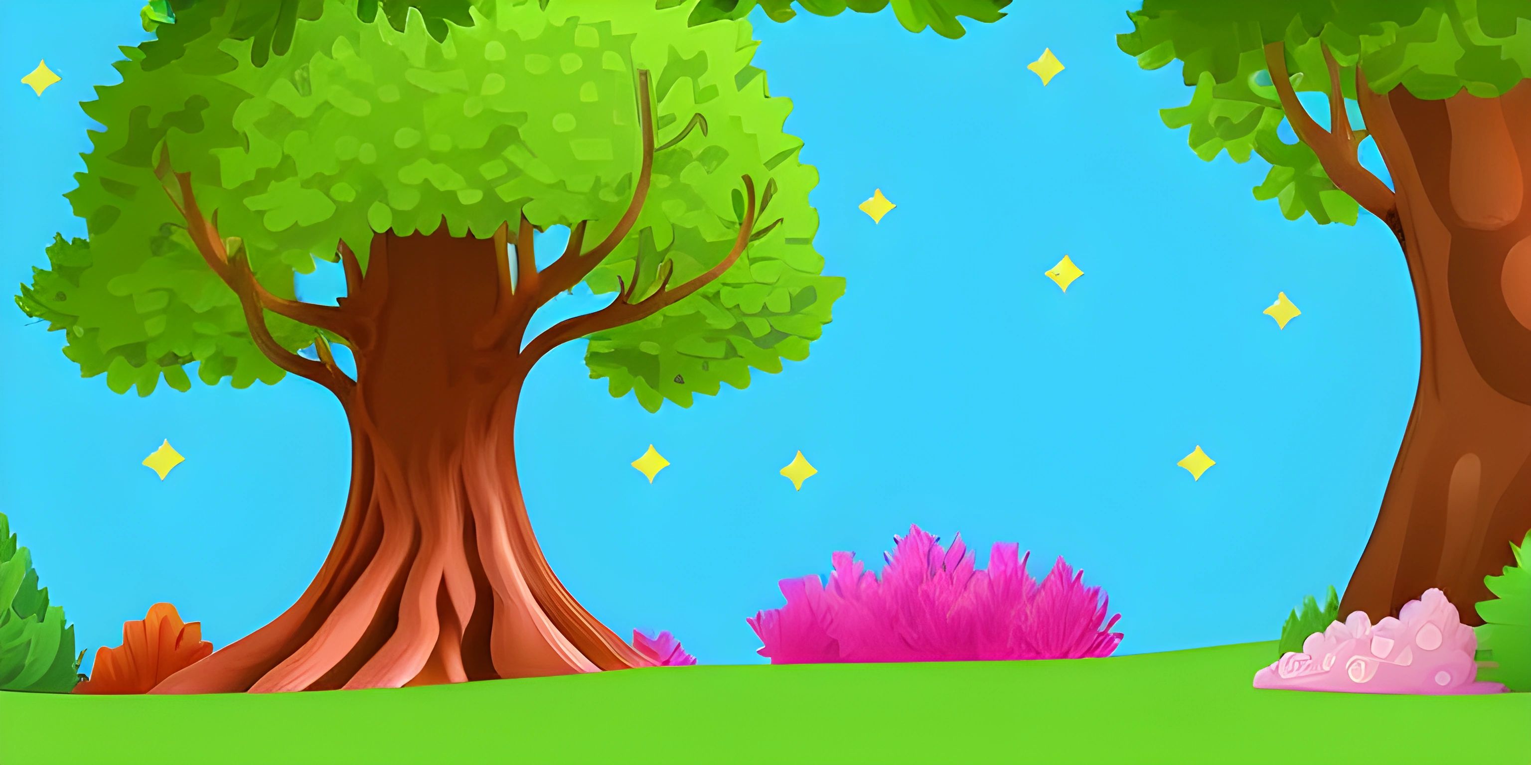 the cartoon is very colorful and the tree is full of leaves, with lots of flowers and grass