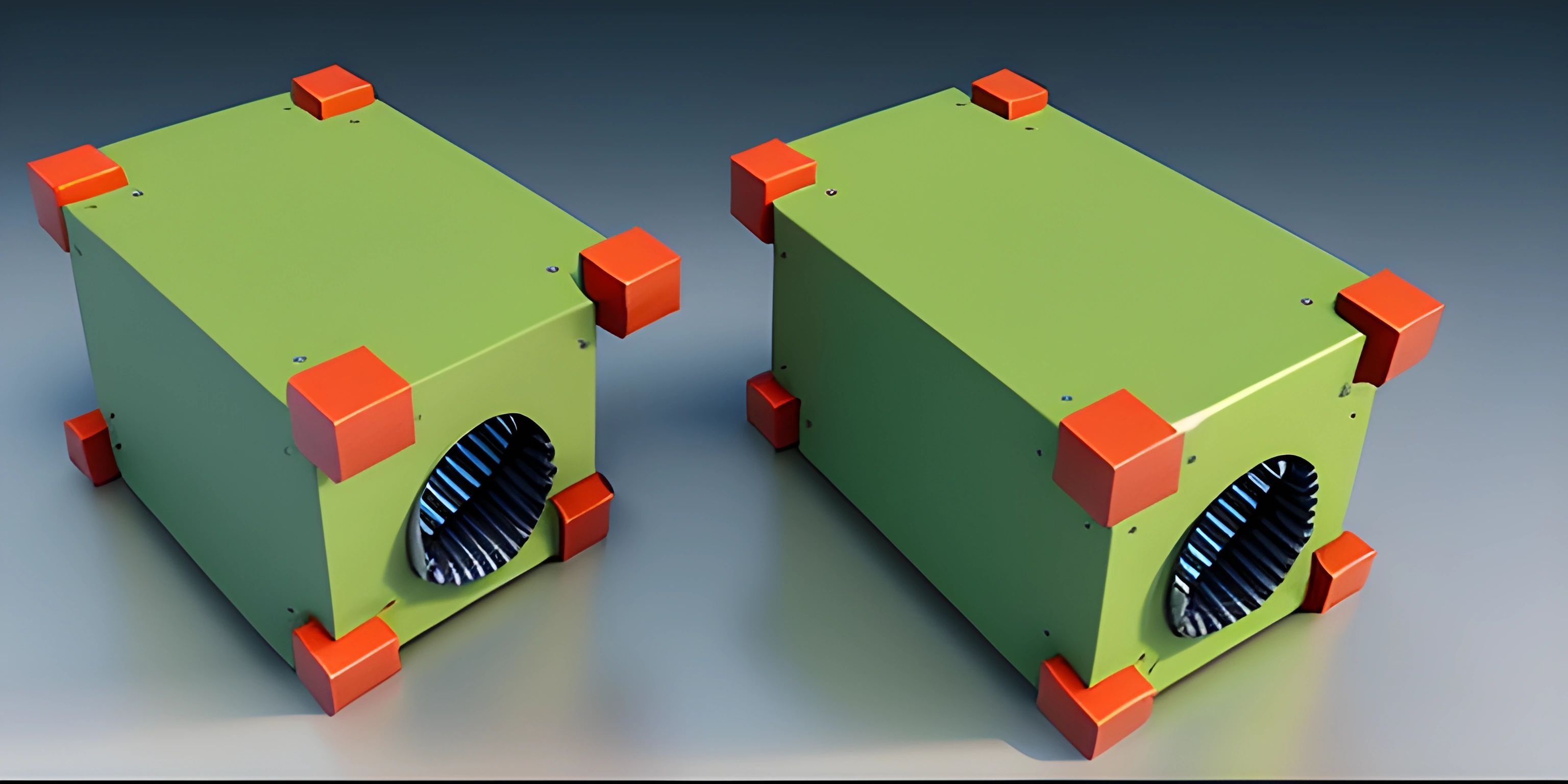 two pieces of green and orange on a metal surface each has a fan sitting inside