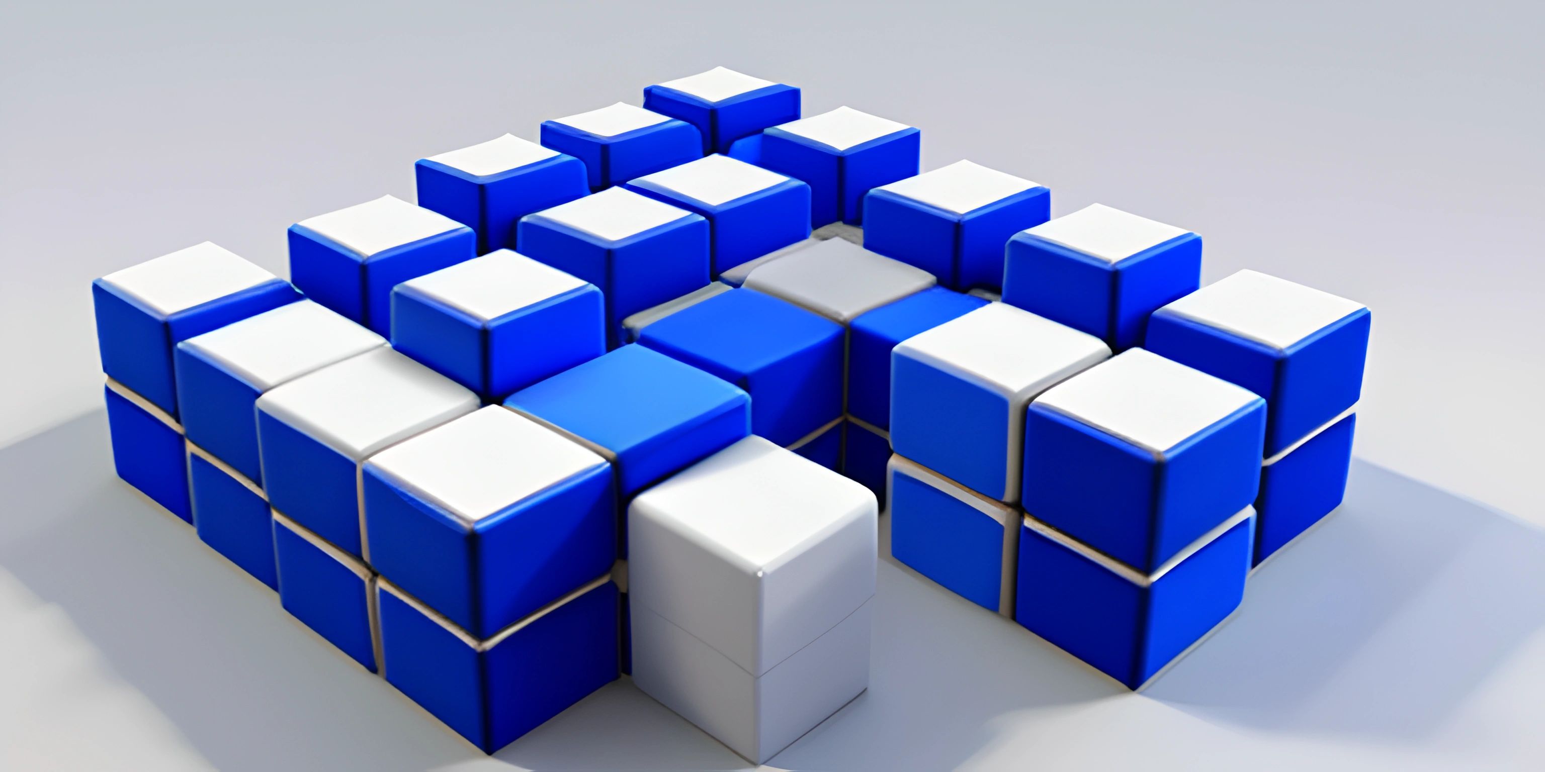 a cube that looks like a cube is surrounded by two small blocks of blue and white