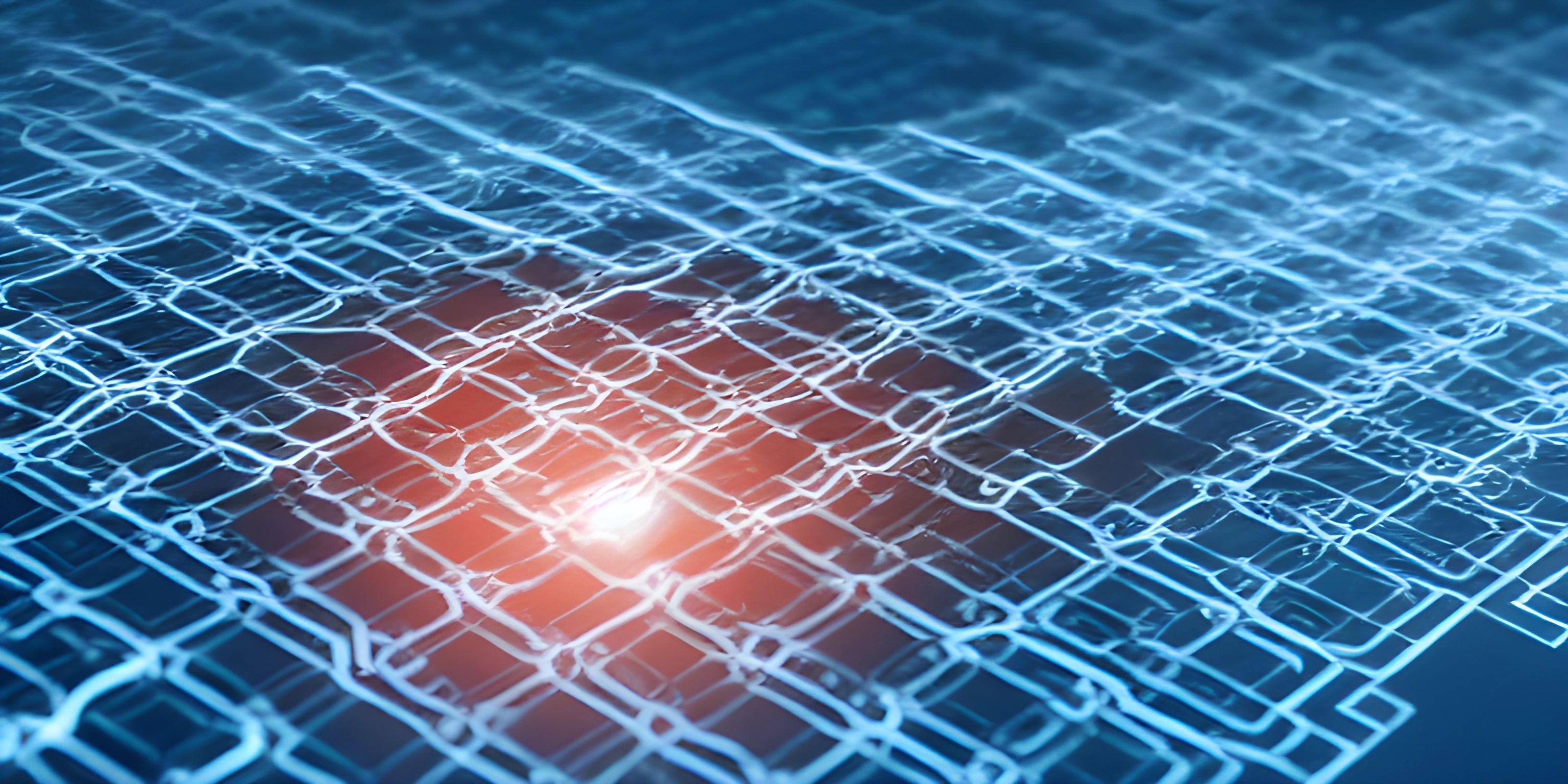 abstract computer background, with glowing squares and lines, with a glowing center in blue