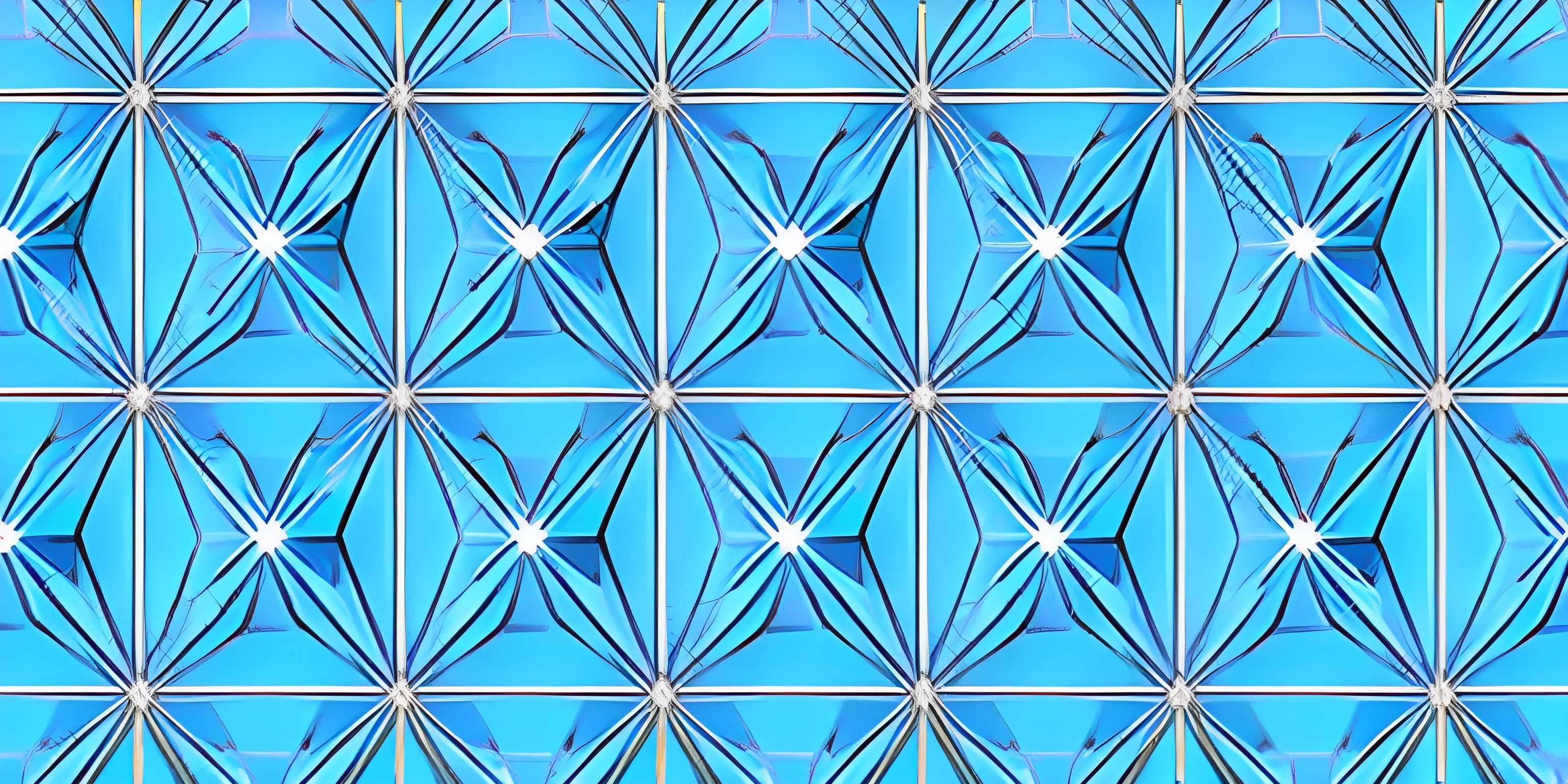 a tiled blue wall with many different lines and shapes in it the reflection is from a glass