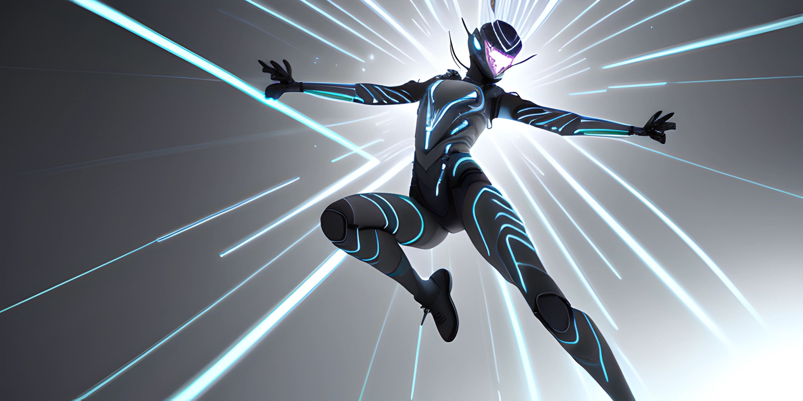 a futuristic robot with glowing lines around his torso and head is flying in the air