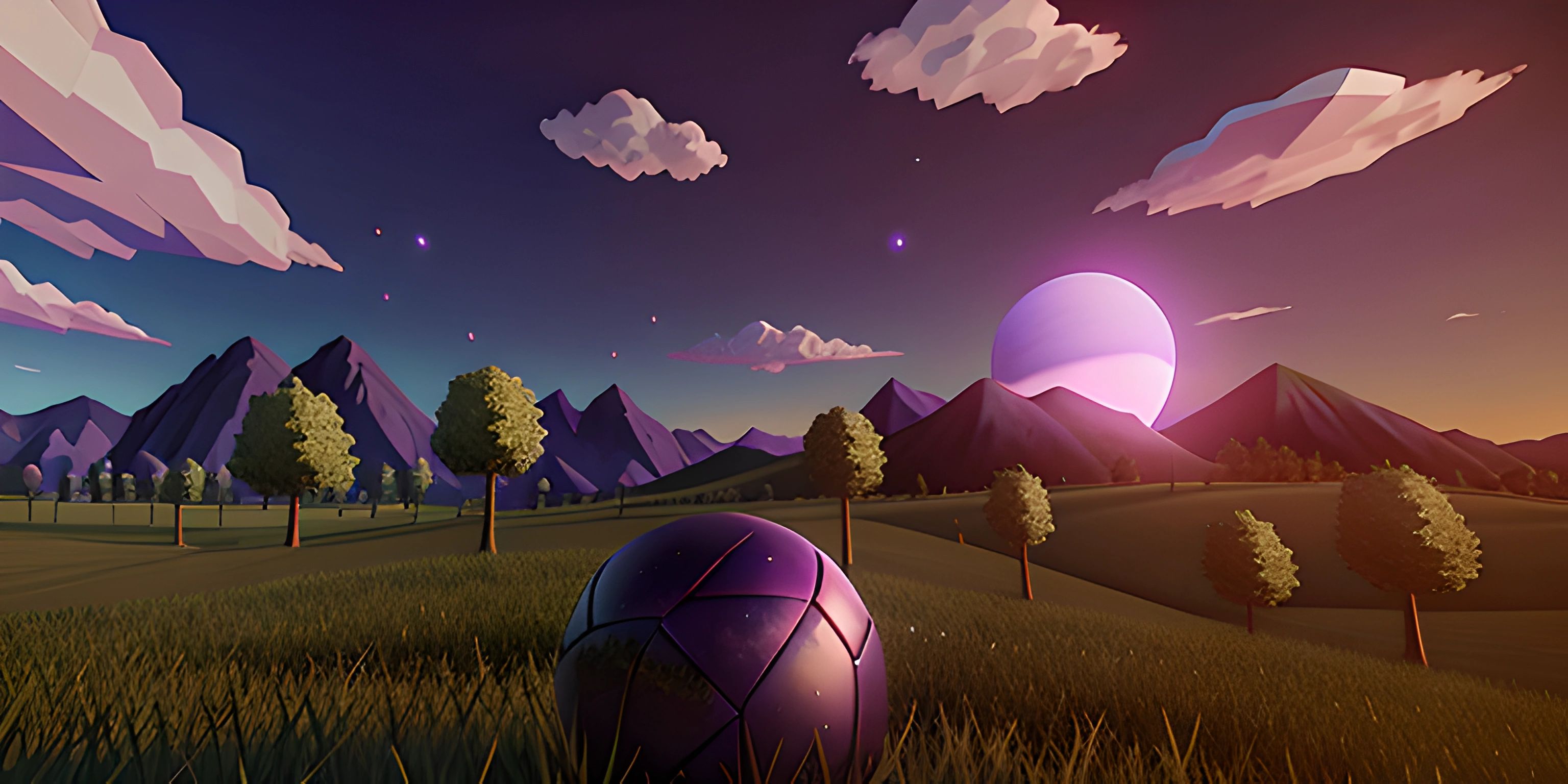 a game screenshot of a landscape at sunset with a large purple object in the foreground