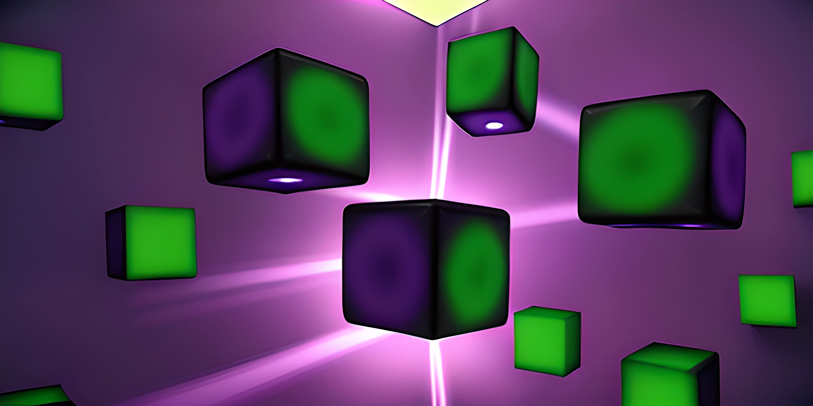 the many green and purple cubes are shown against a blue background with white light