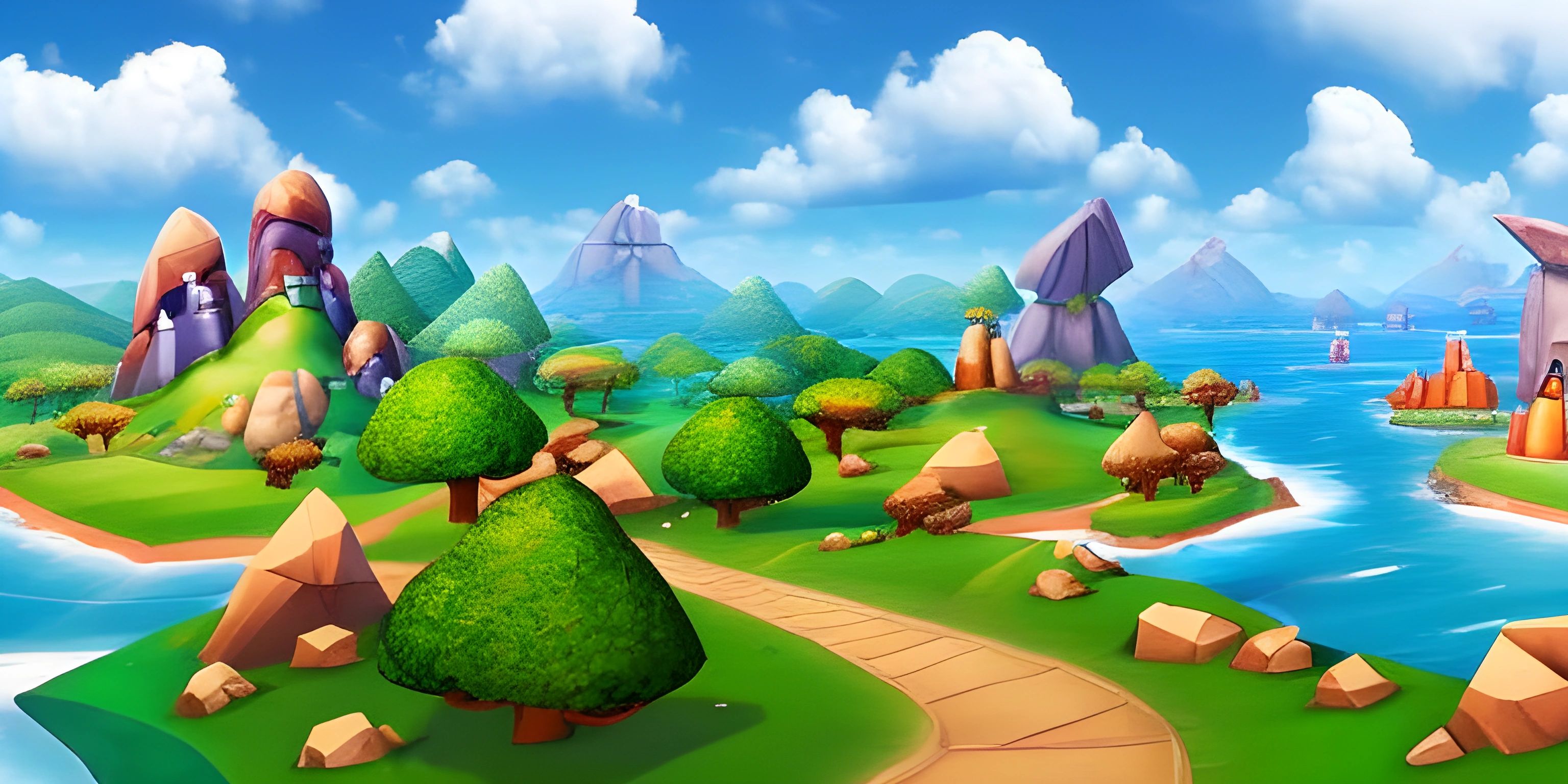 some animated art style game scenery by the water and hills and some houses on the hill