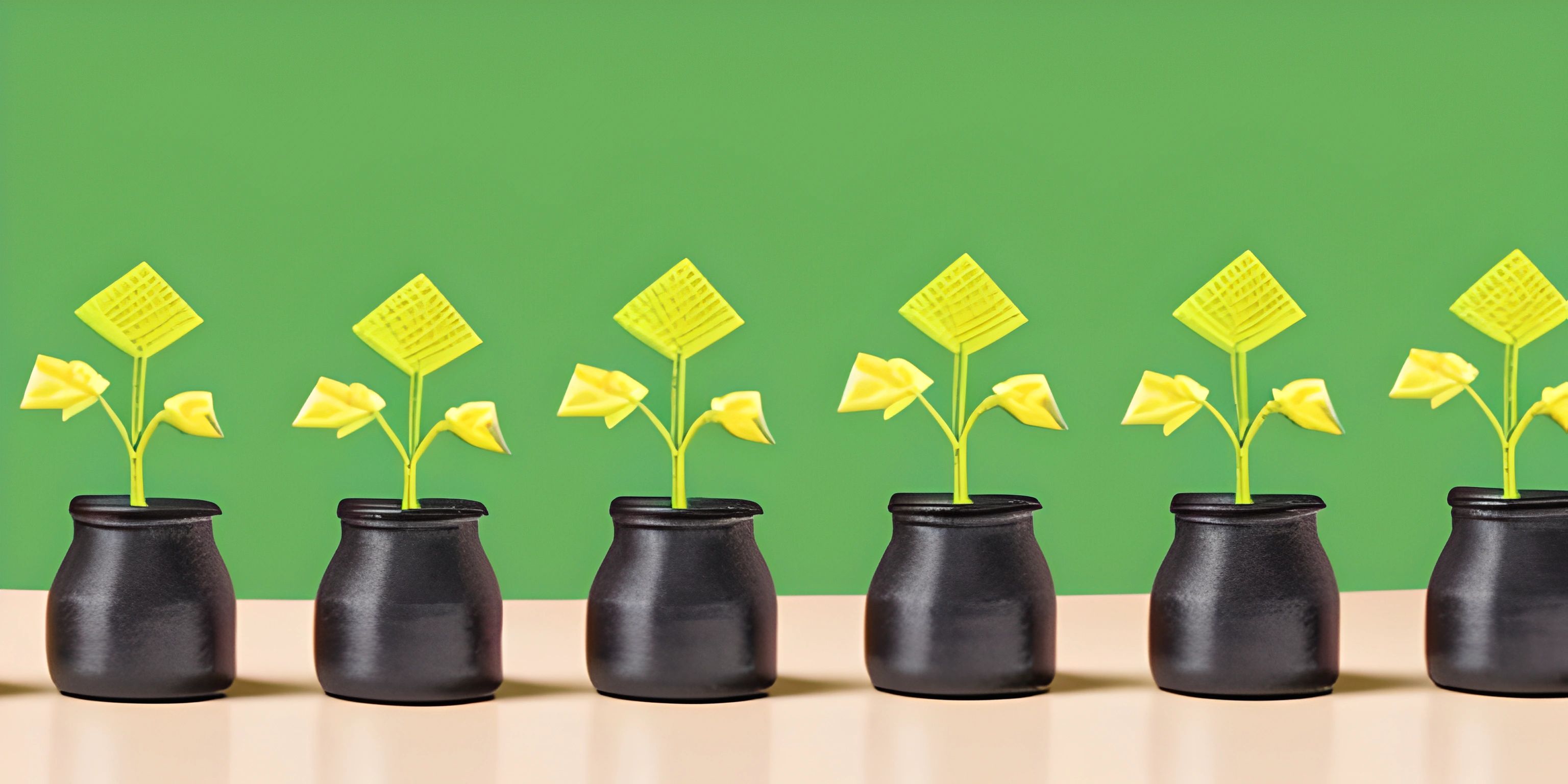 six vases with flowers in each one and a green wall behind them and a light wood table in the center