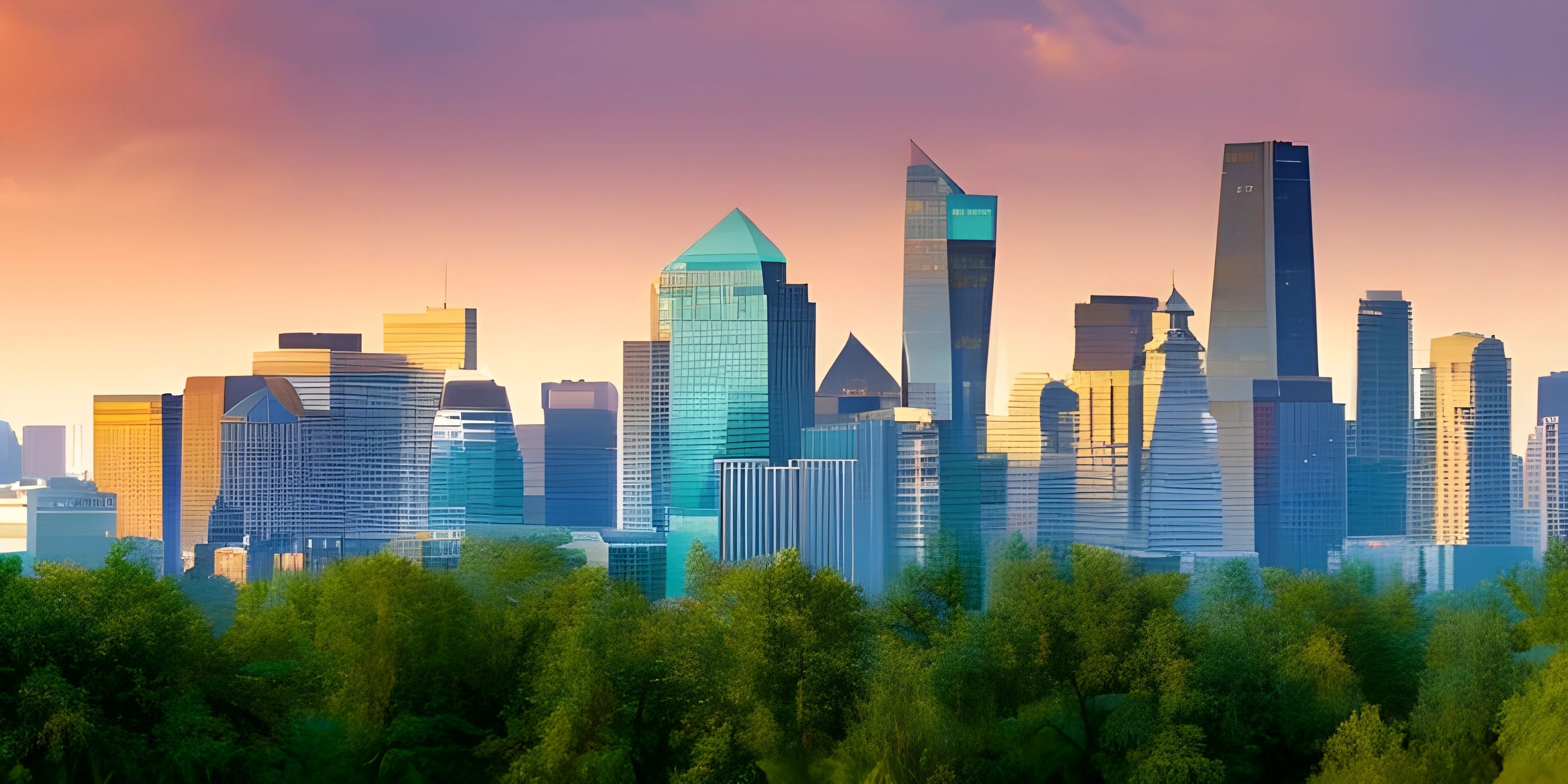 a city skyline with tall buildings in the background of trees and bushes under a pink sky