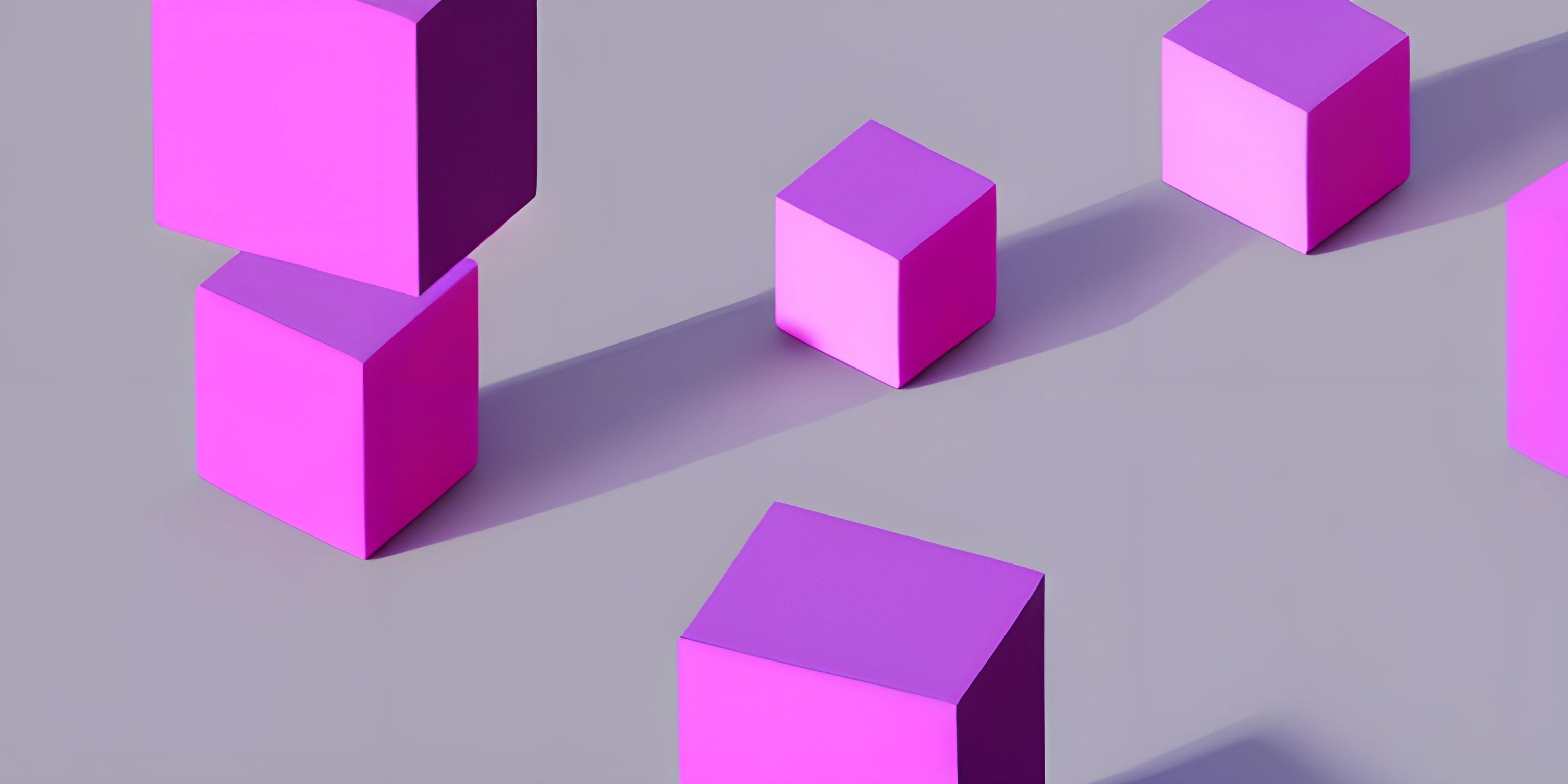 three large pink cubes surrounded by smaller purple cubes on grey surface with white background