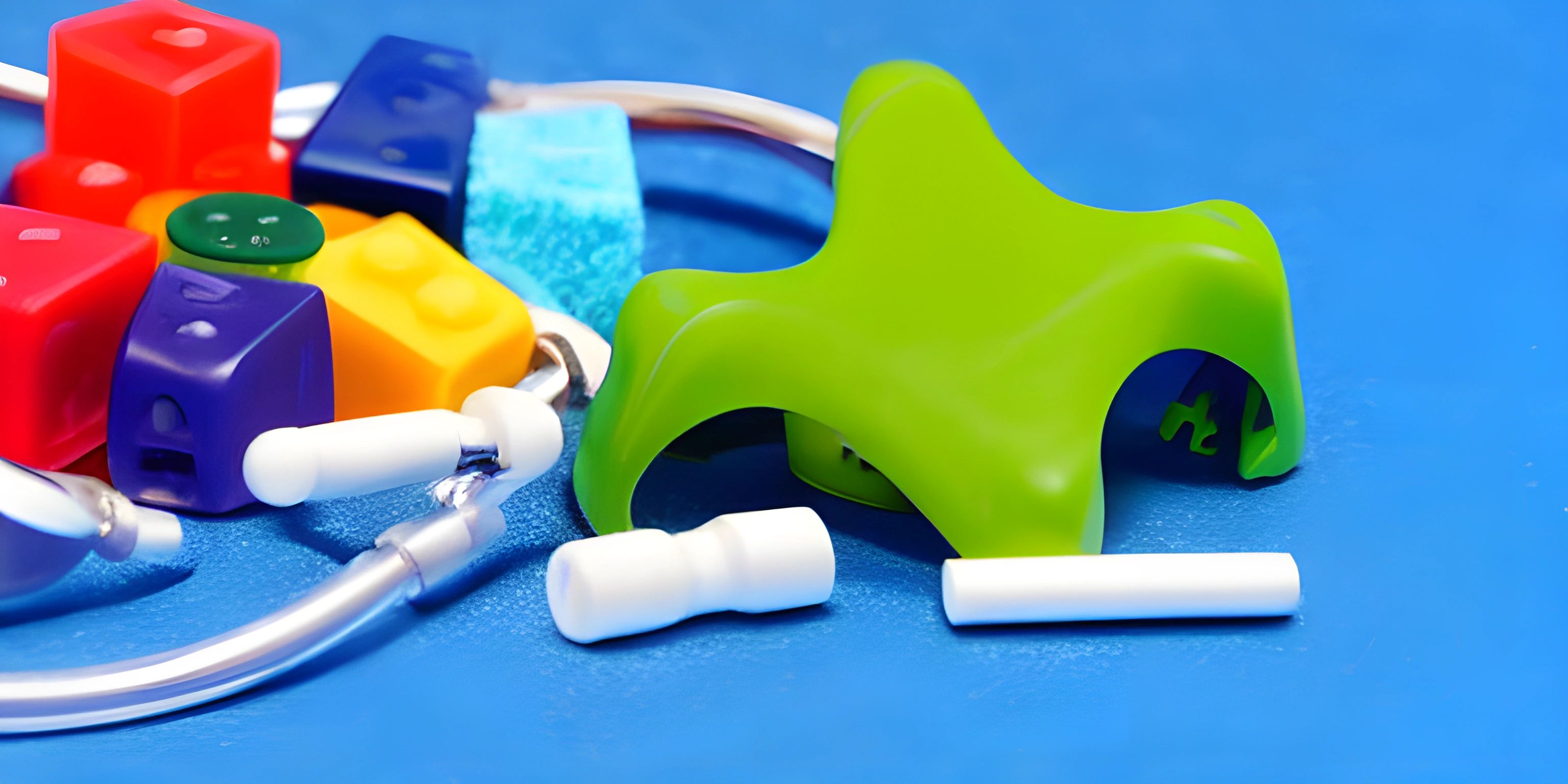 some key chains, beads and small colorful toy items sitting on a blue background and the toy is a star