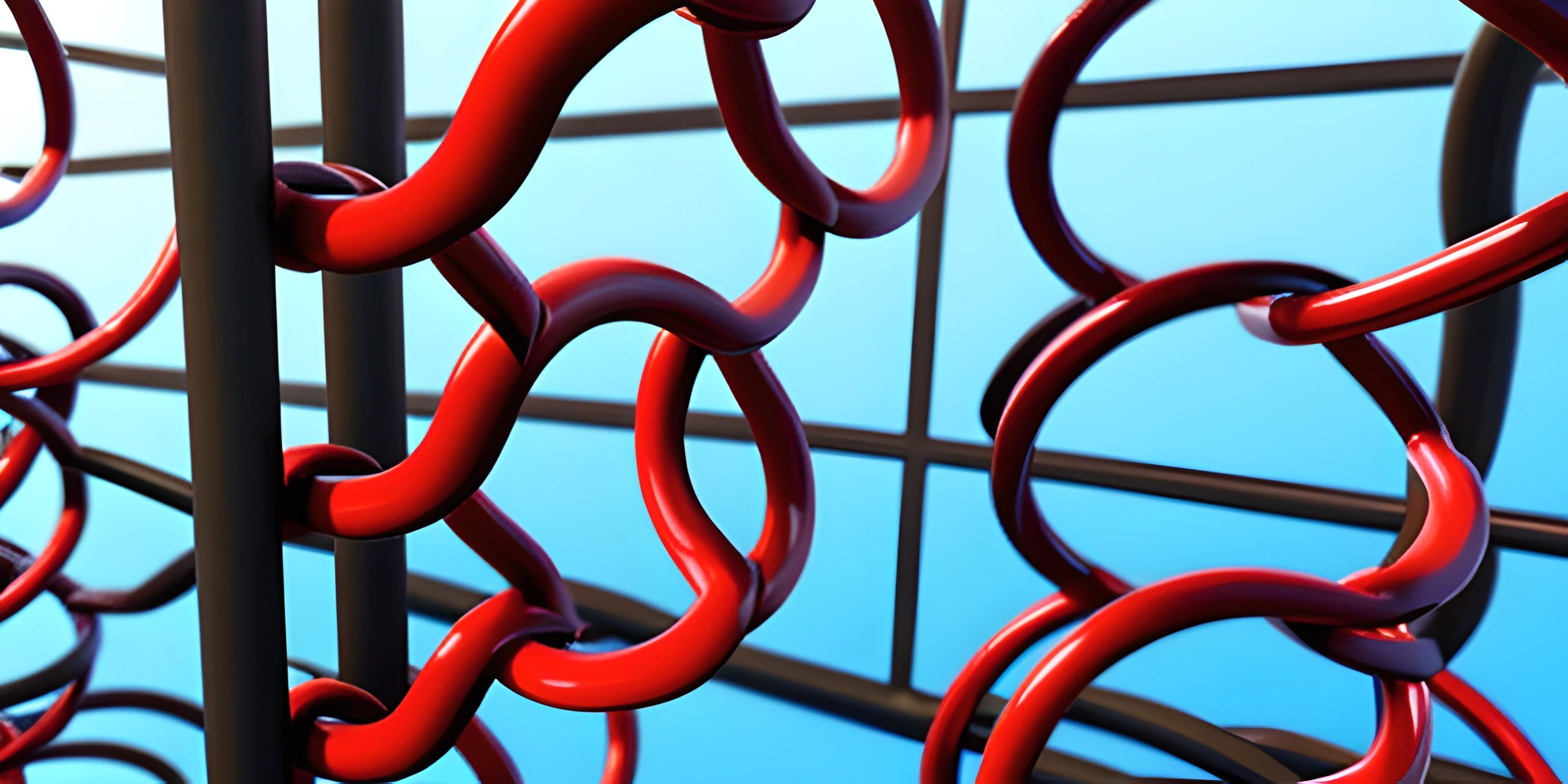 several red loops are sitting on a metal structure behind an open glass window on a blue sky background