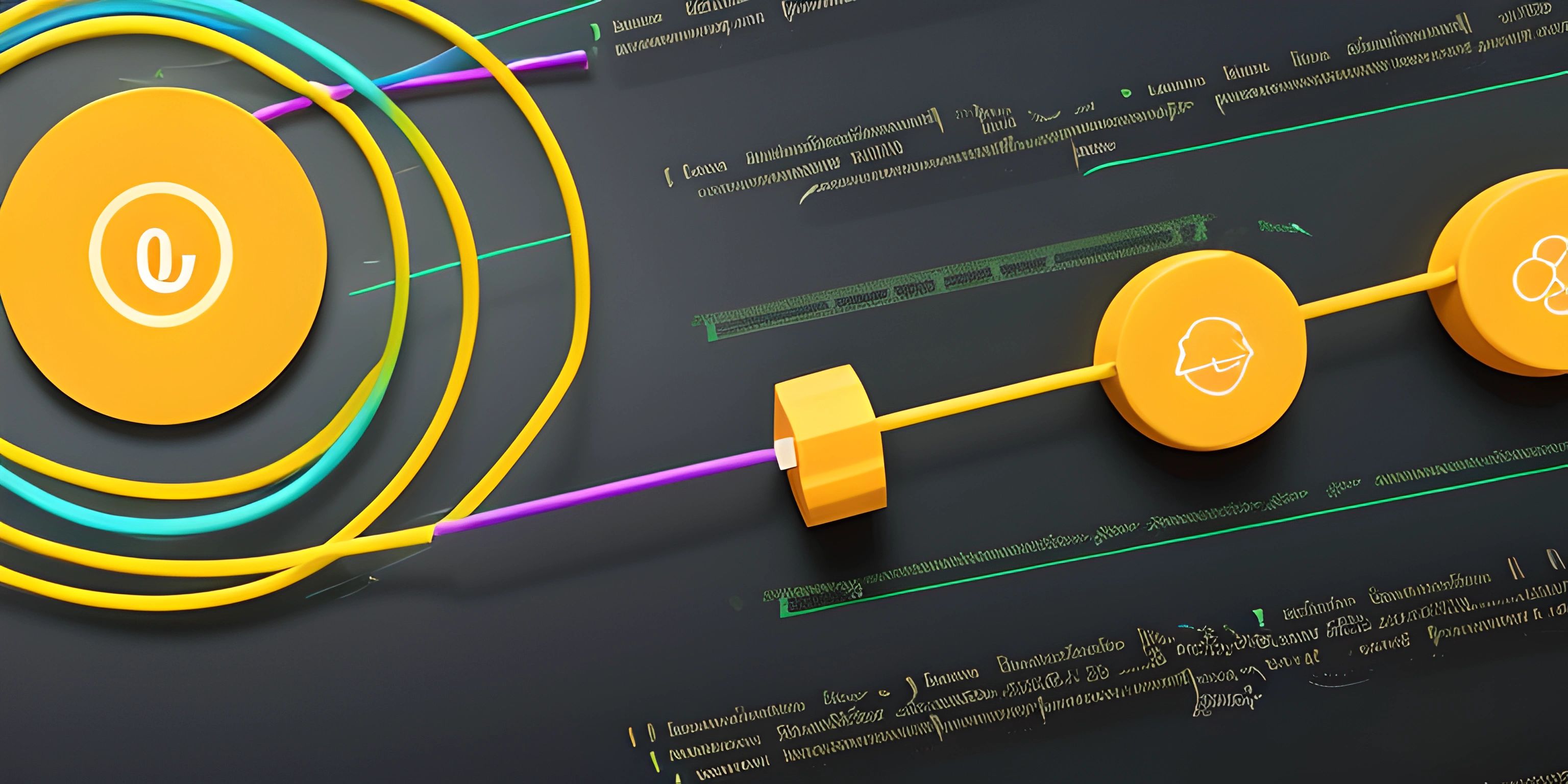 a computer screen displaying several computer parts with yellow and pink wires attached to it and a computer mouse, which has three yellow cords