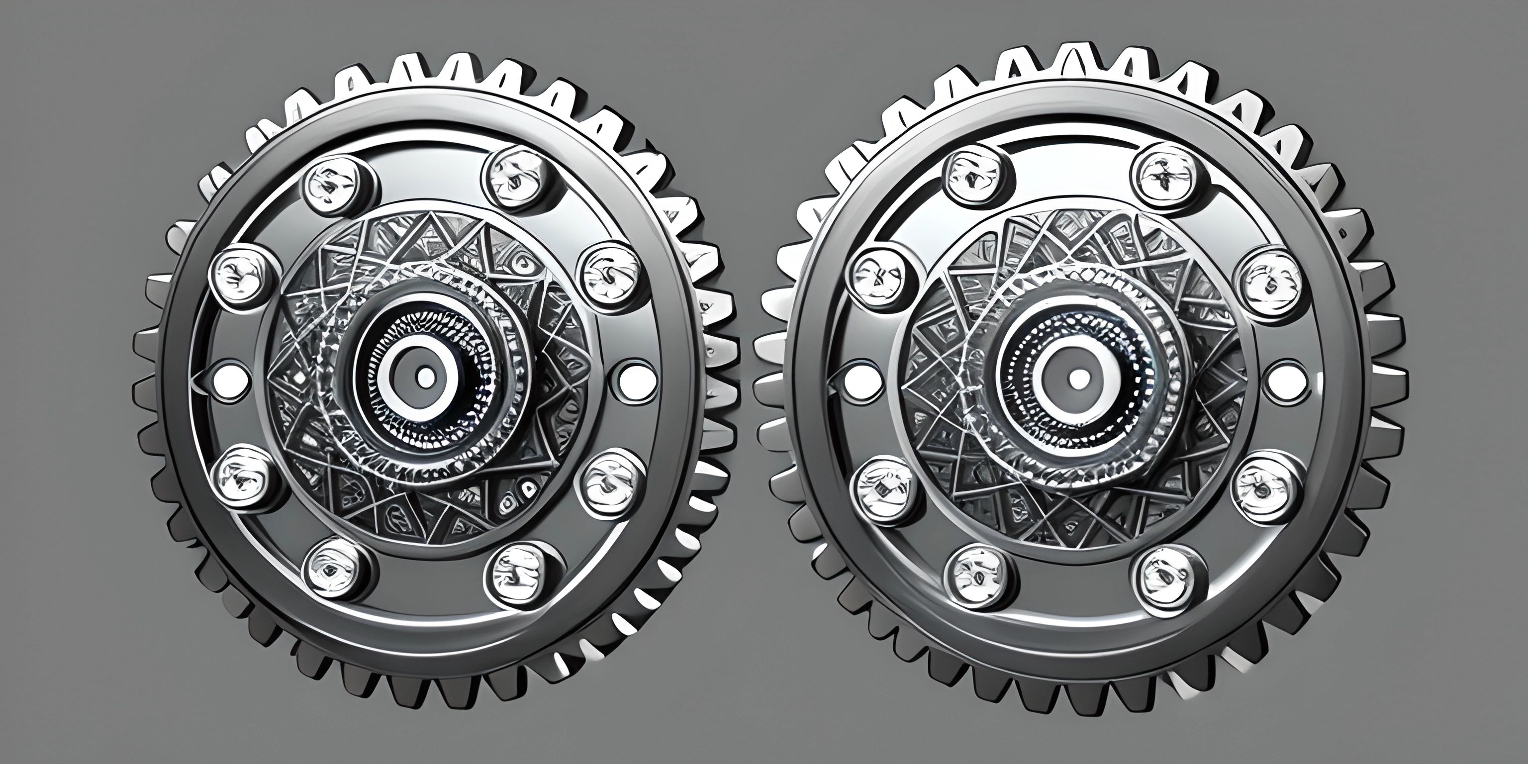 a pair of silver cogs that are on display next to each other with eyes