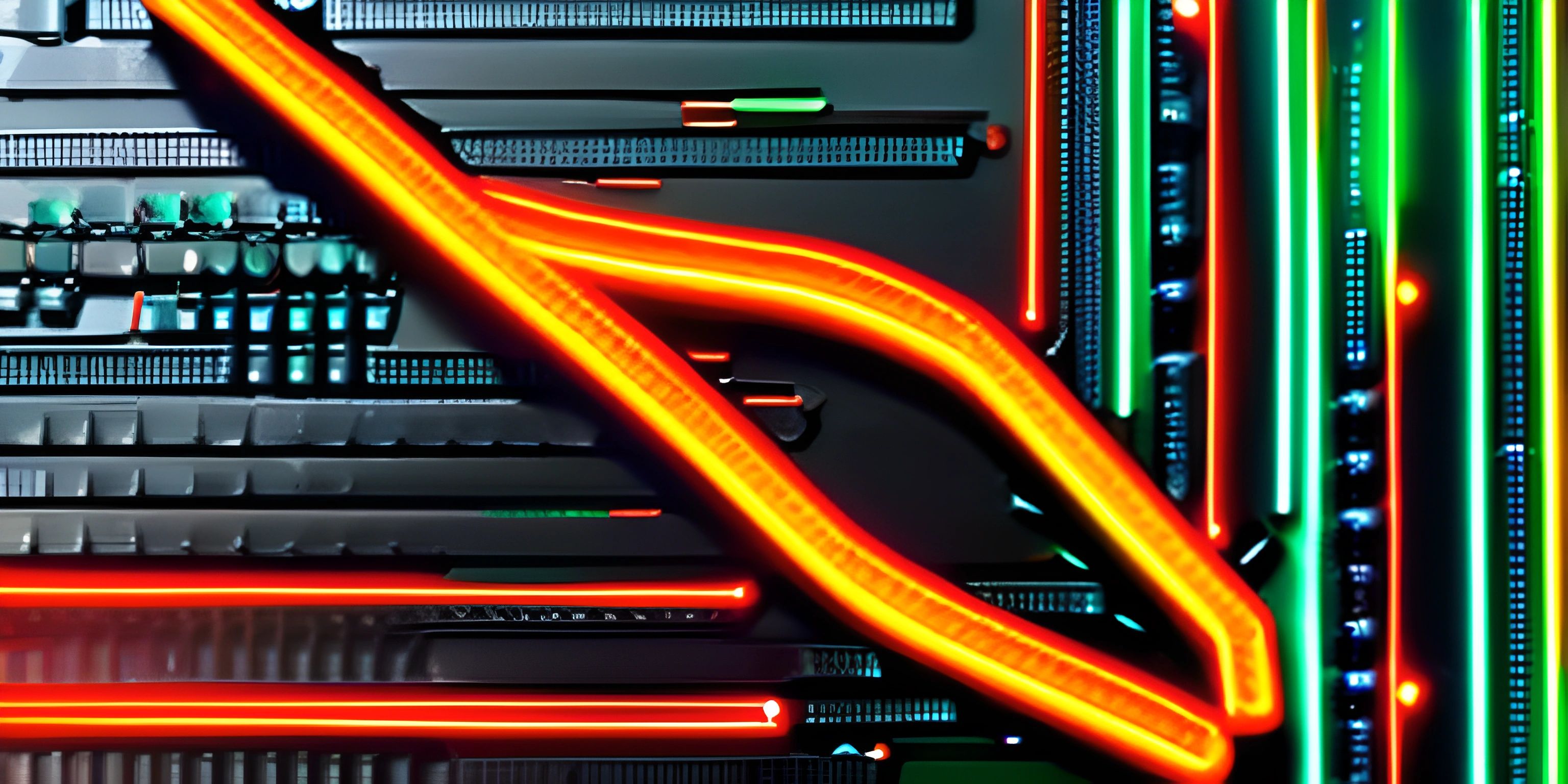 a brightly lit neon sign over the side of a computer tower rack of different electronic components