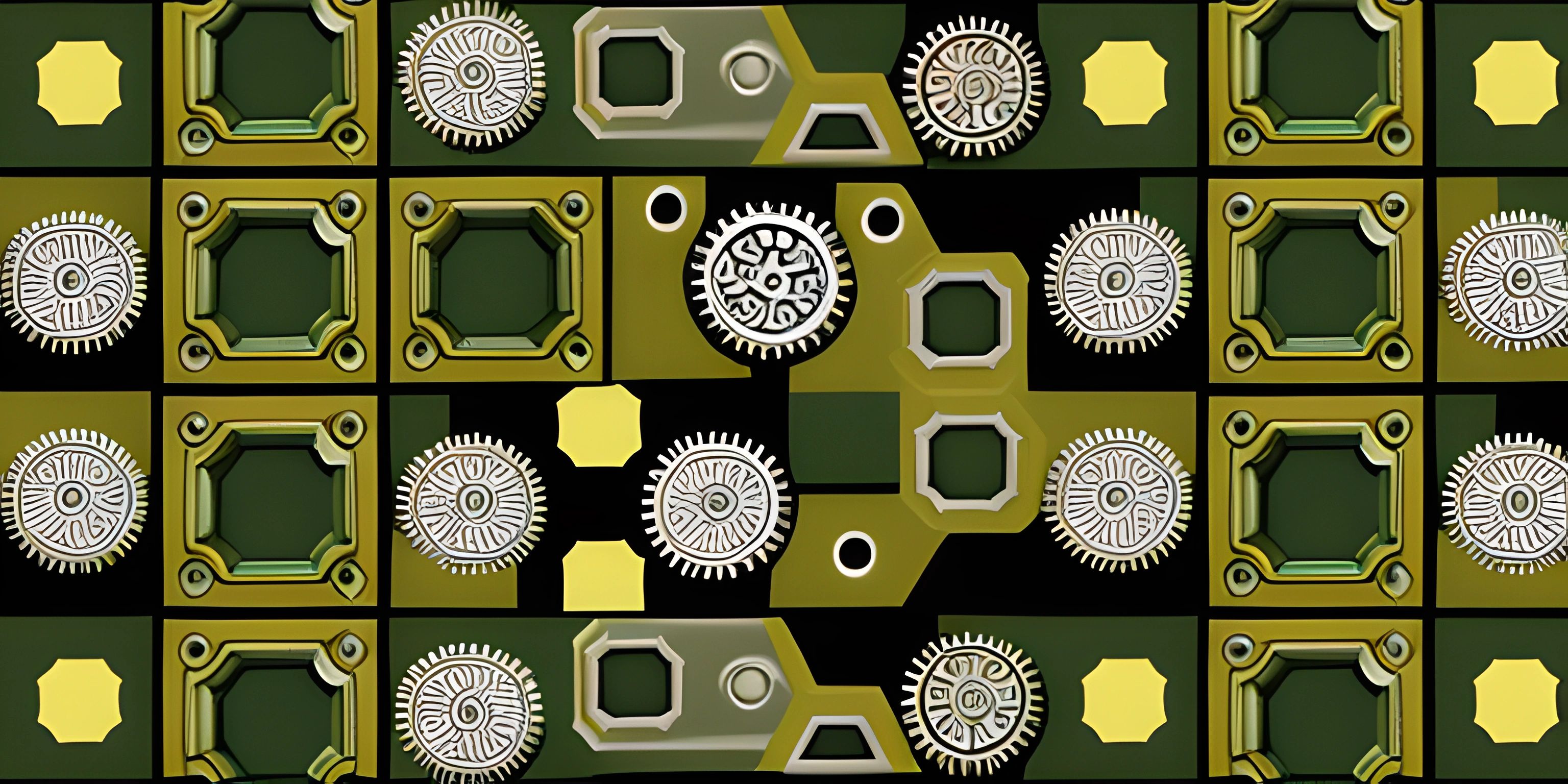 the squares of the computer are all different colors of green and yellow with gears in them
