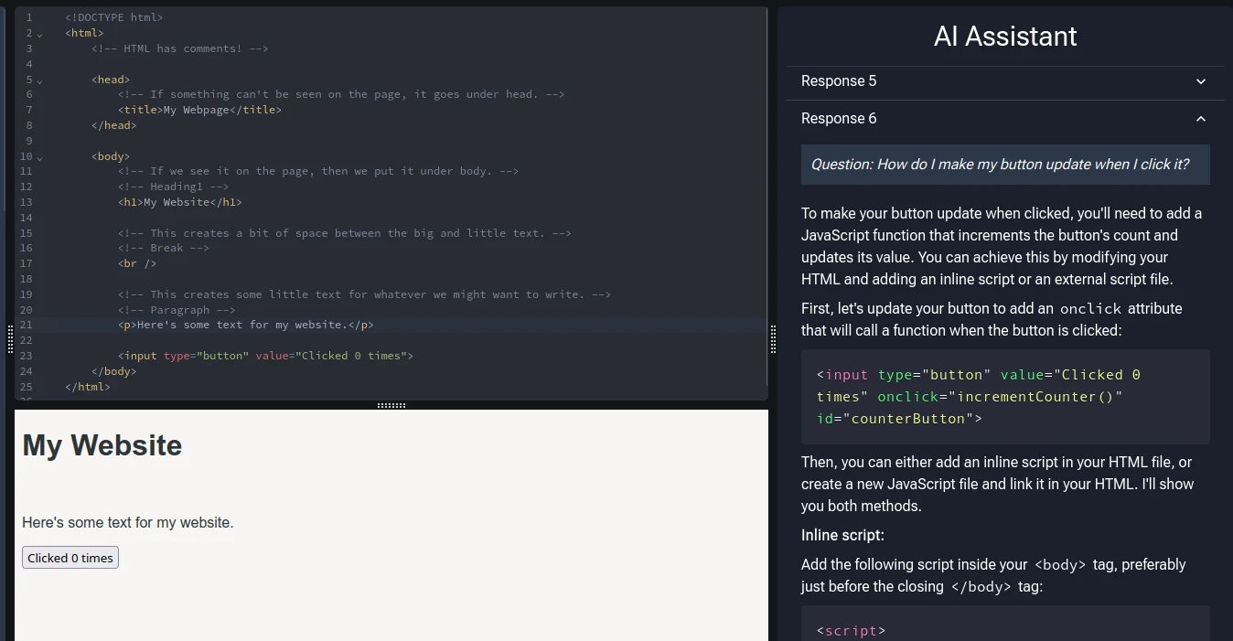 A screenshot of Cratecode's AI assistant giving programming tips