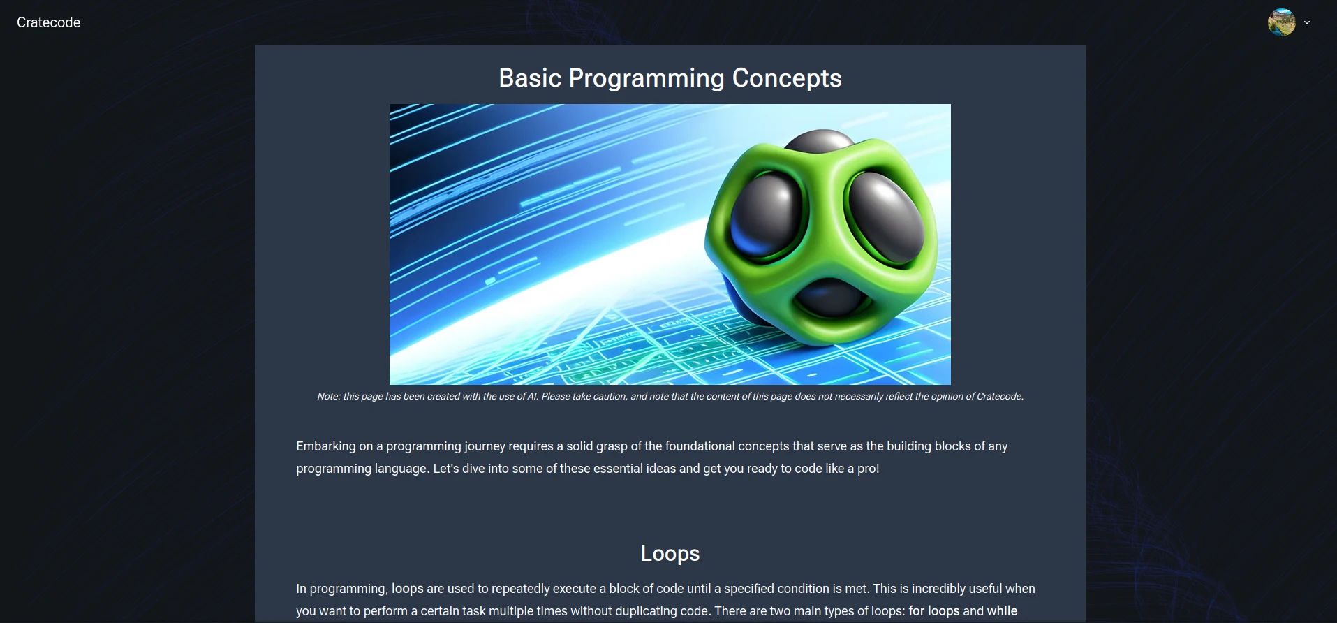 A screenshot of an AI-generated article on Cratecode about basic programming concepts